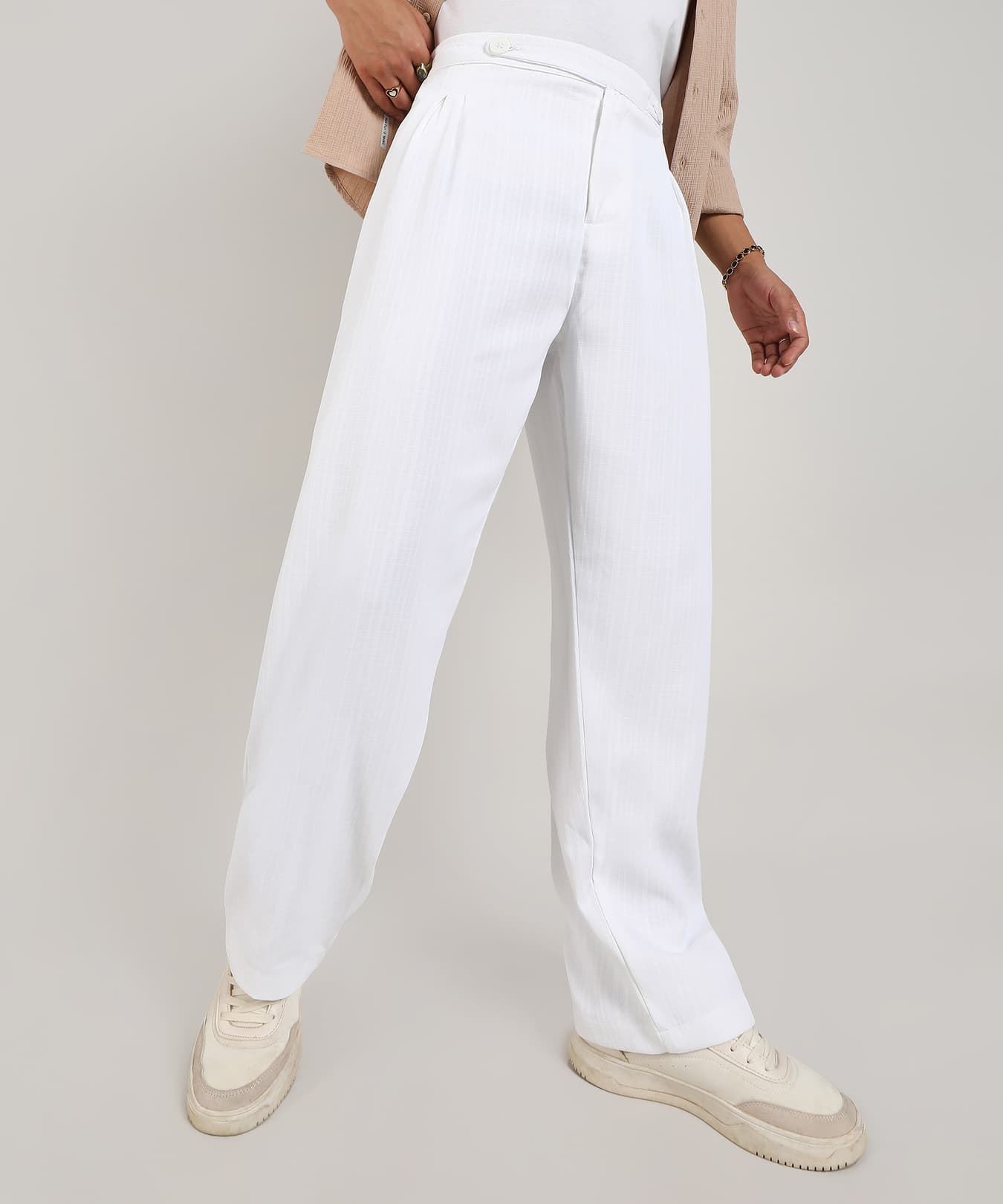 Men's White Casual Solid Regular Fit Trouser