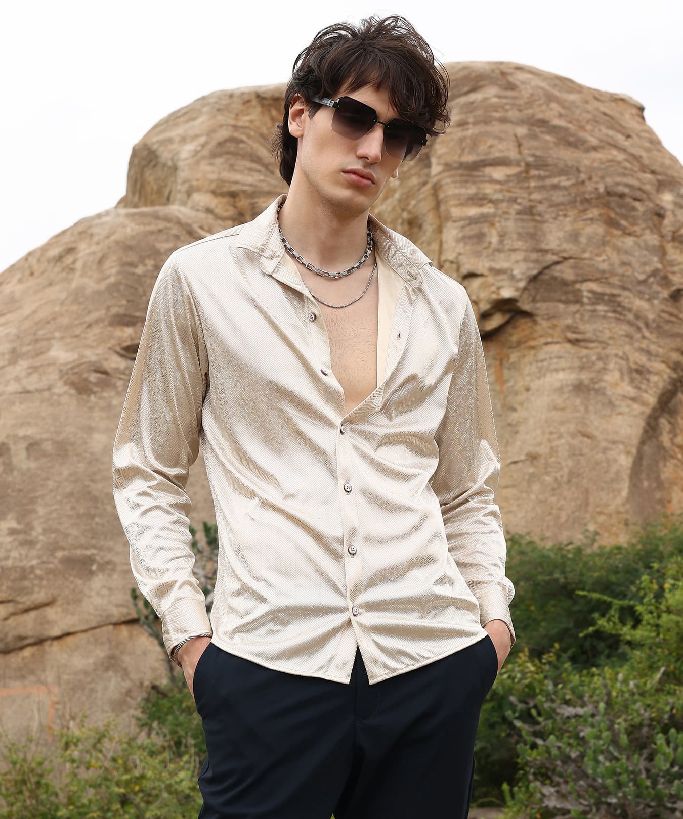 Men's Beige Casual Printed Regular Fit Shirt