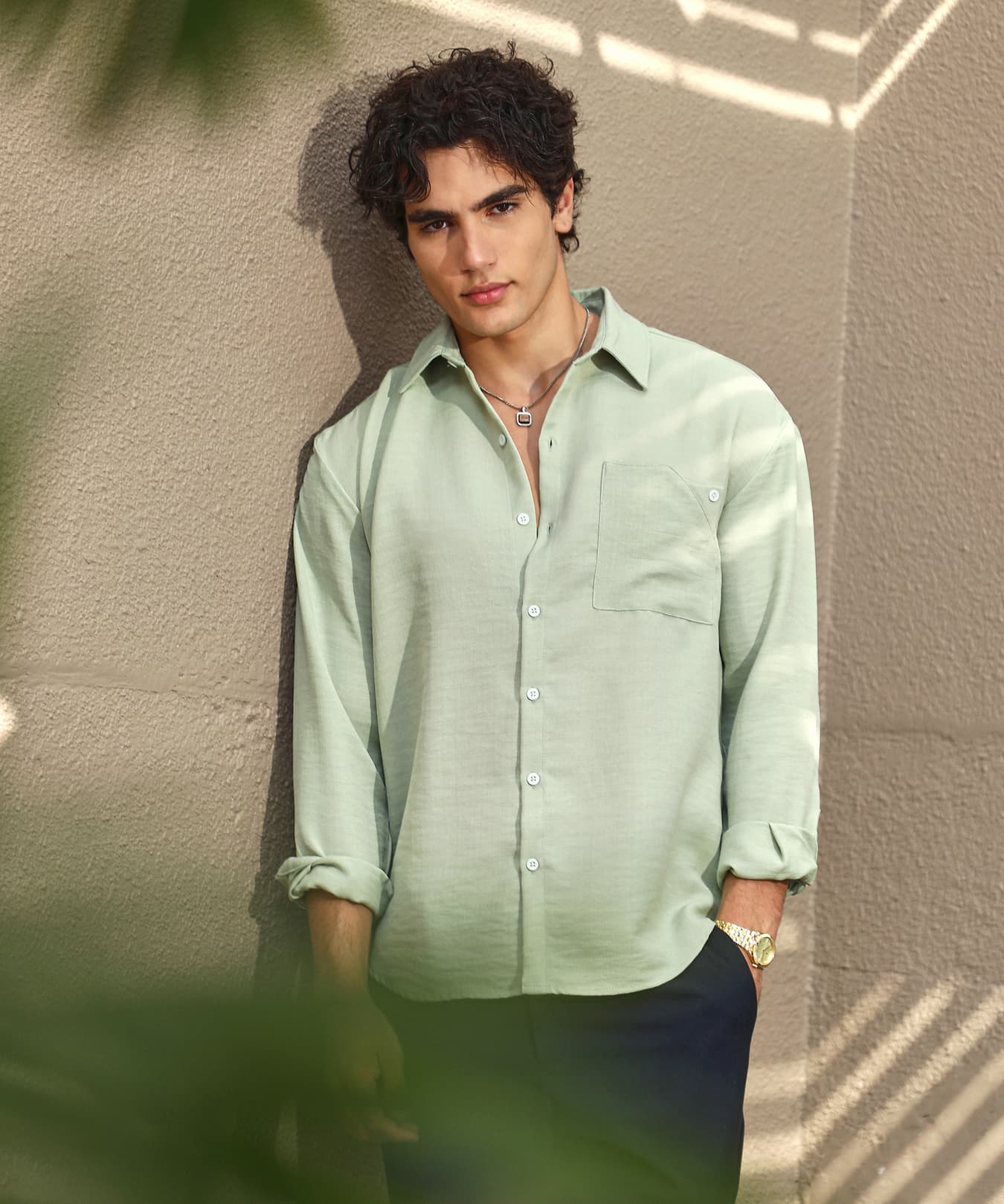 Men's Green Casual Solid Oversized Fit Shirt