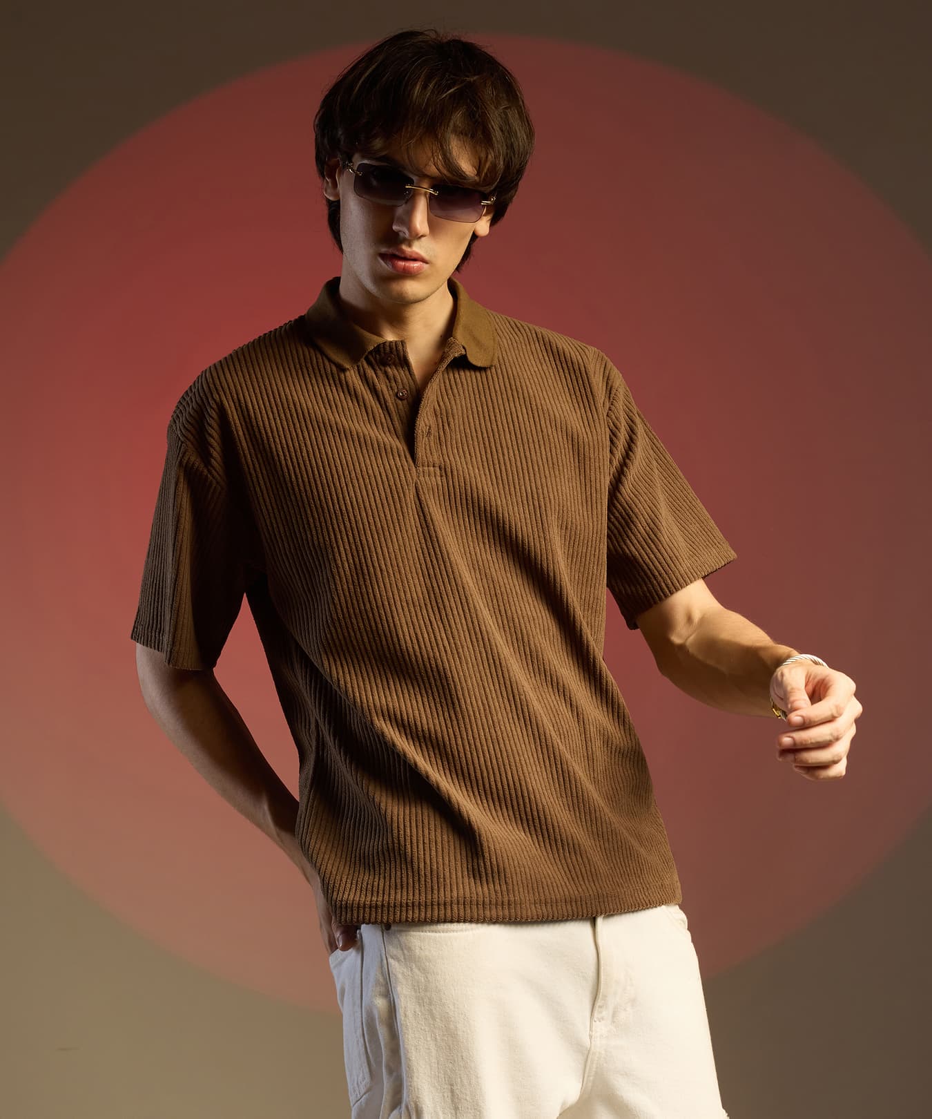 Men's Brown Casual Textured Oversized Fit Tshirt