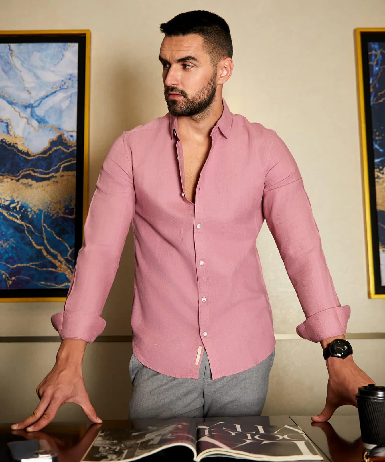 Men's Pink Casual Solid Regular Fit Cotton Shirt