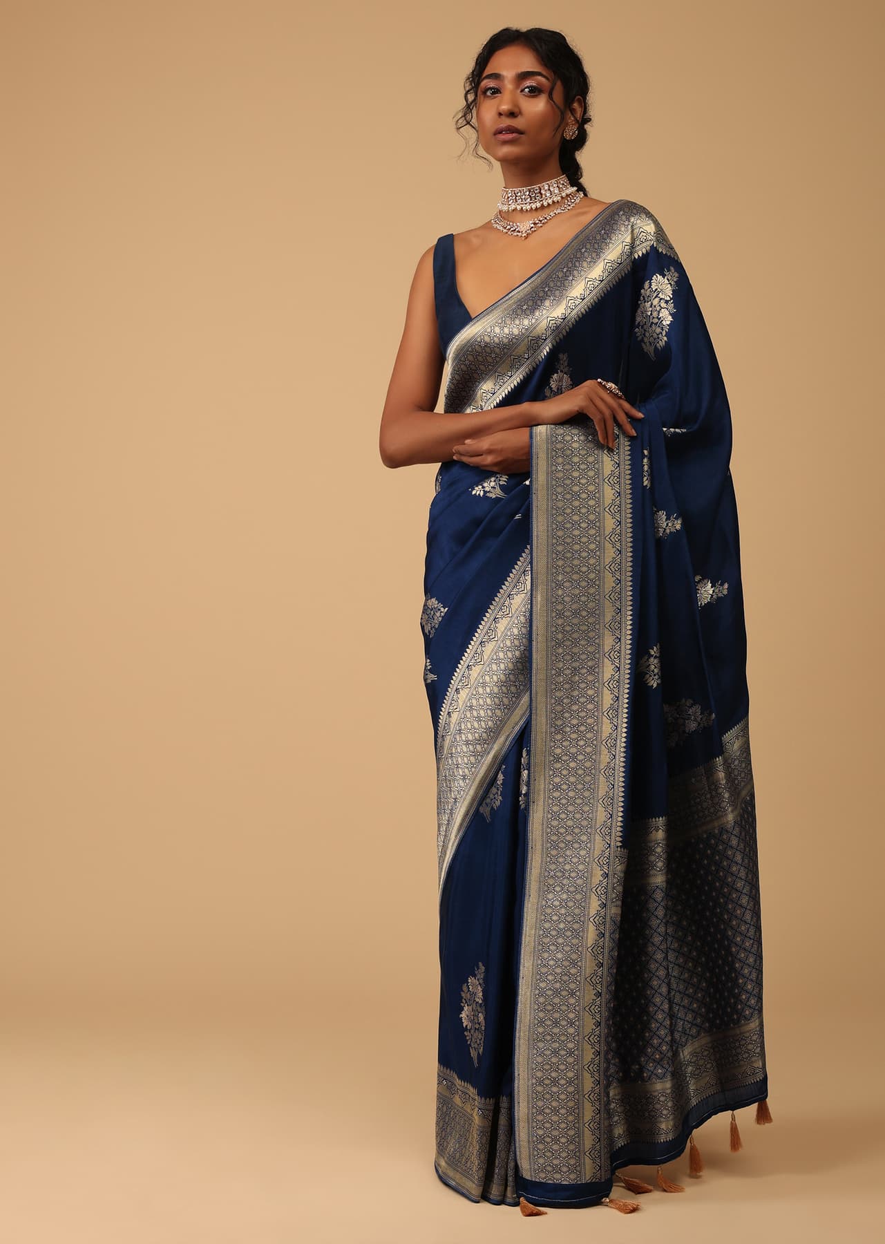 Women's Festive Indigo Blue Saree In Dola Silk With Embroidered Floral Buttas