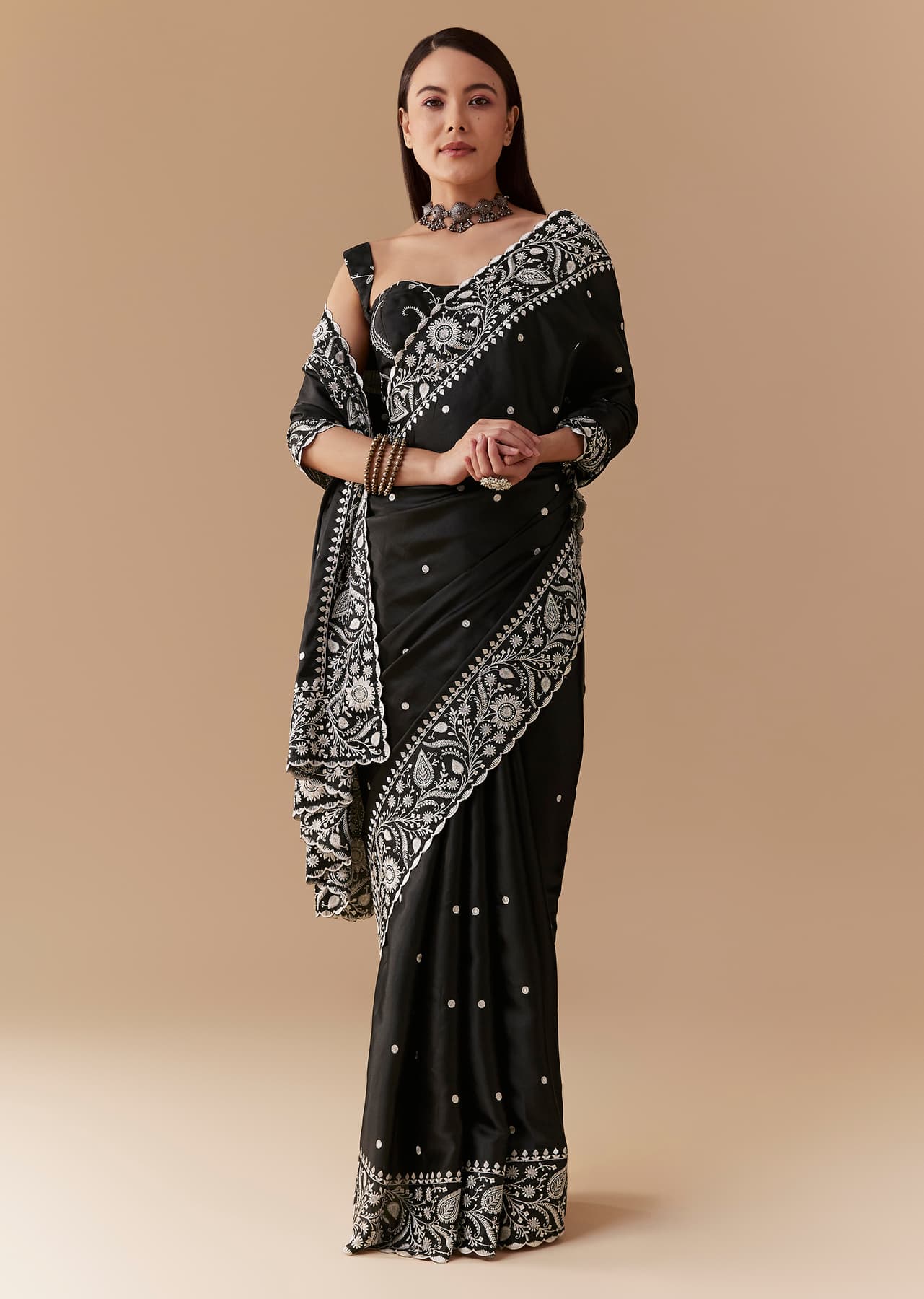 Women's Casual Black Cotton Satin Embellished Saree with Unstitched Blouse