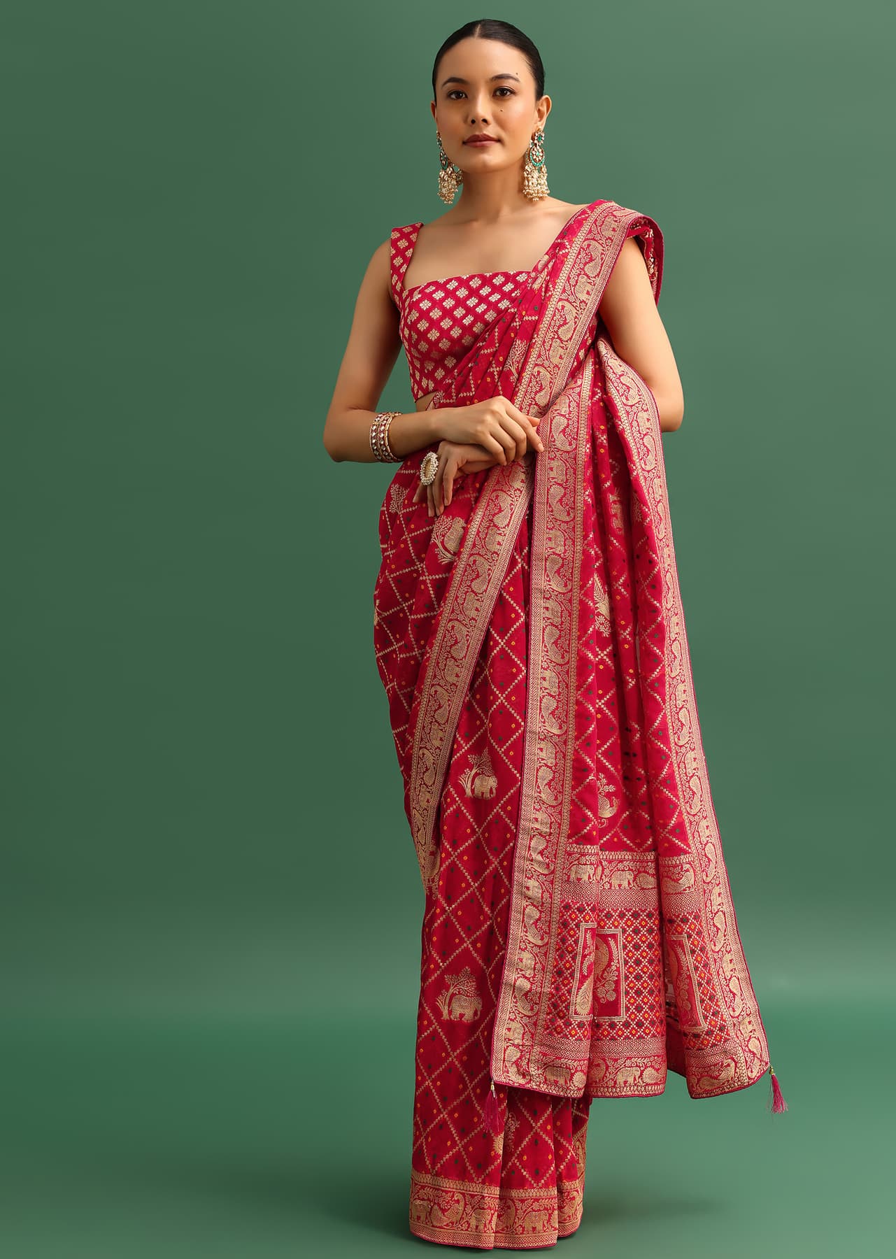 Women's Festive Coral Khaddi Georgette Saree With Zari Jaal Bandhani Weave And Unstitched Blouse