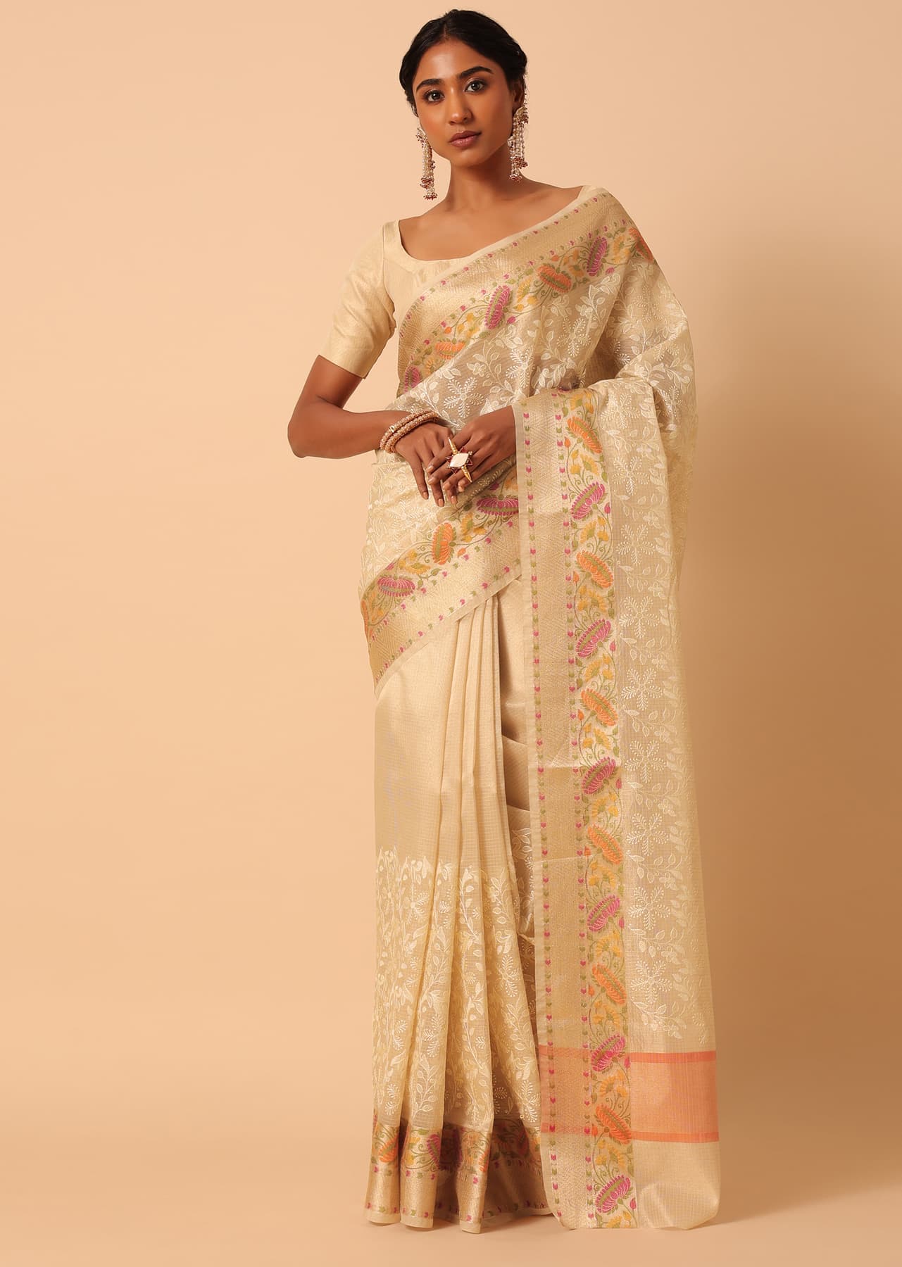 Women's Festive Beige Saree In Kora Silk With Floral Motif Multicolor Thread Work And Unstitched Blouse Piece