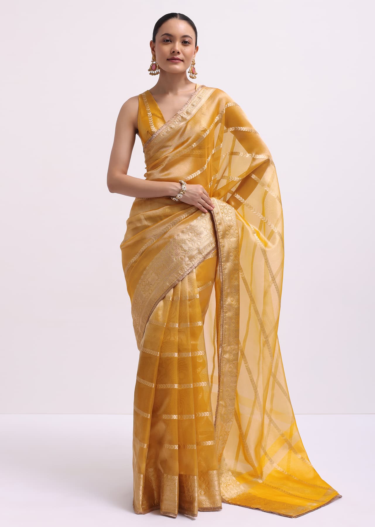 Women's Festive Mustard Yellow Zari Woven Chanderi Saree With Unstitched Blouse