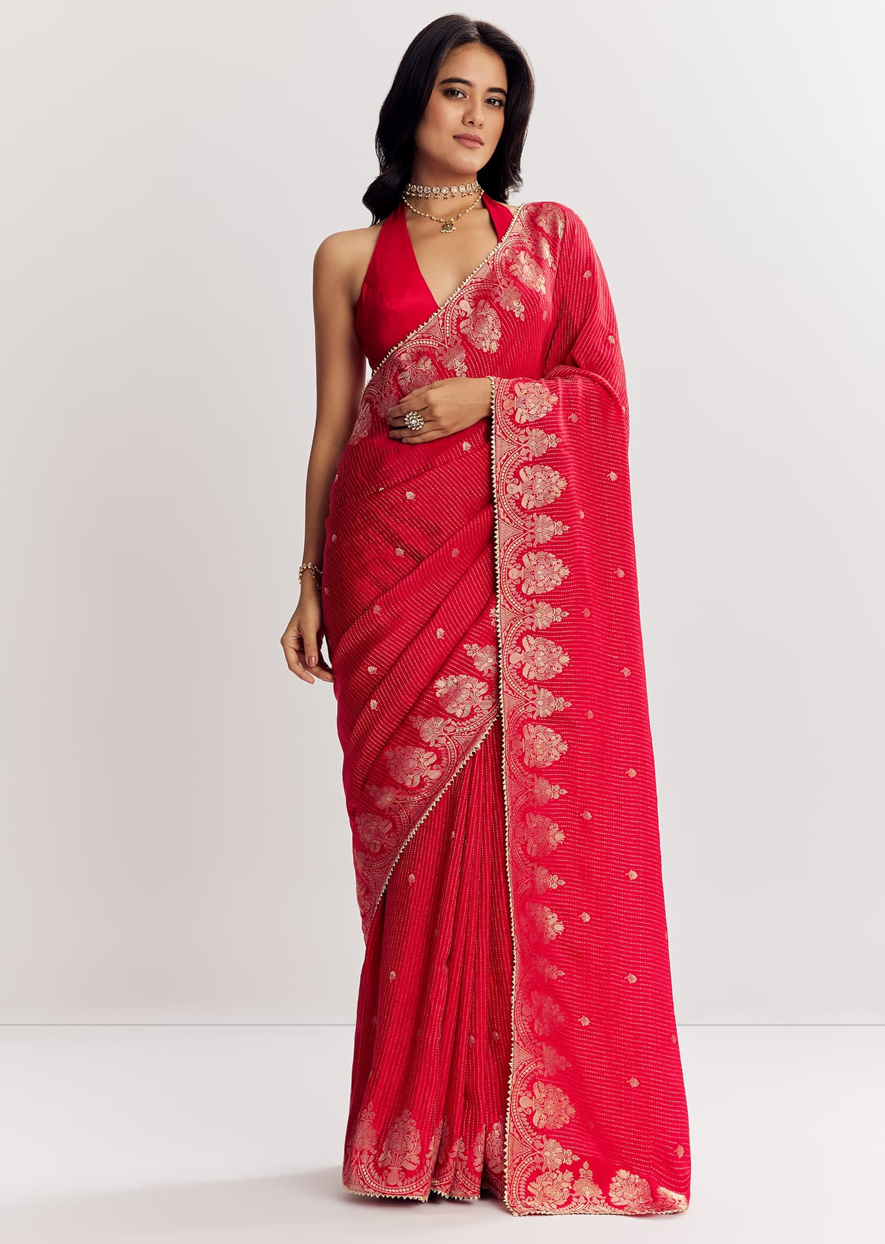 Women's Festive Red Georgette Lurex Saree With Brocade Butti And Gota Patti Border