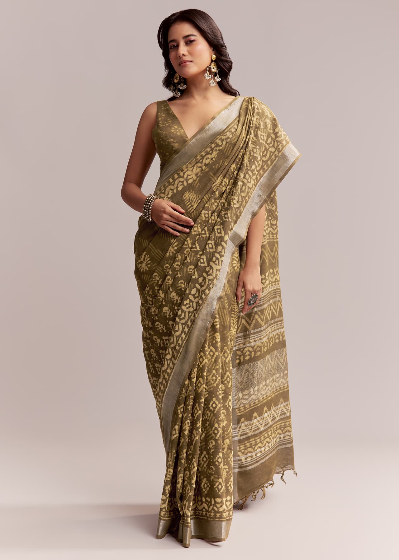 Women's Casual Olive Green Linen Printed Saree With Heritage Ajrakh Geometric Print
