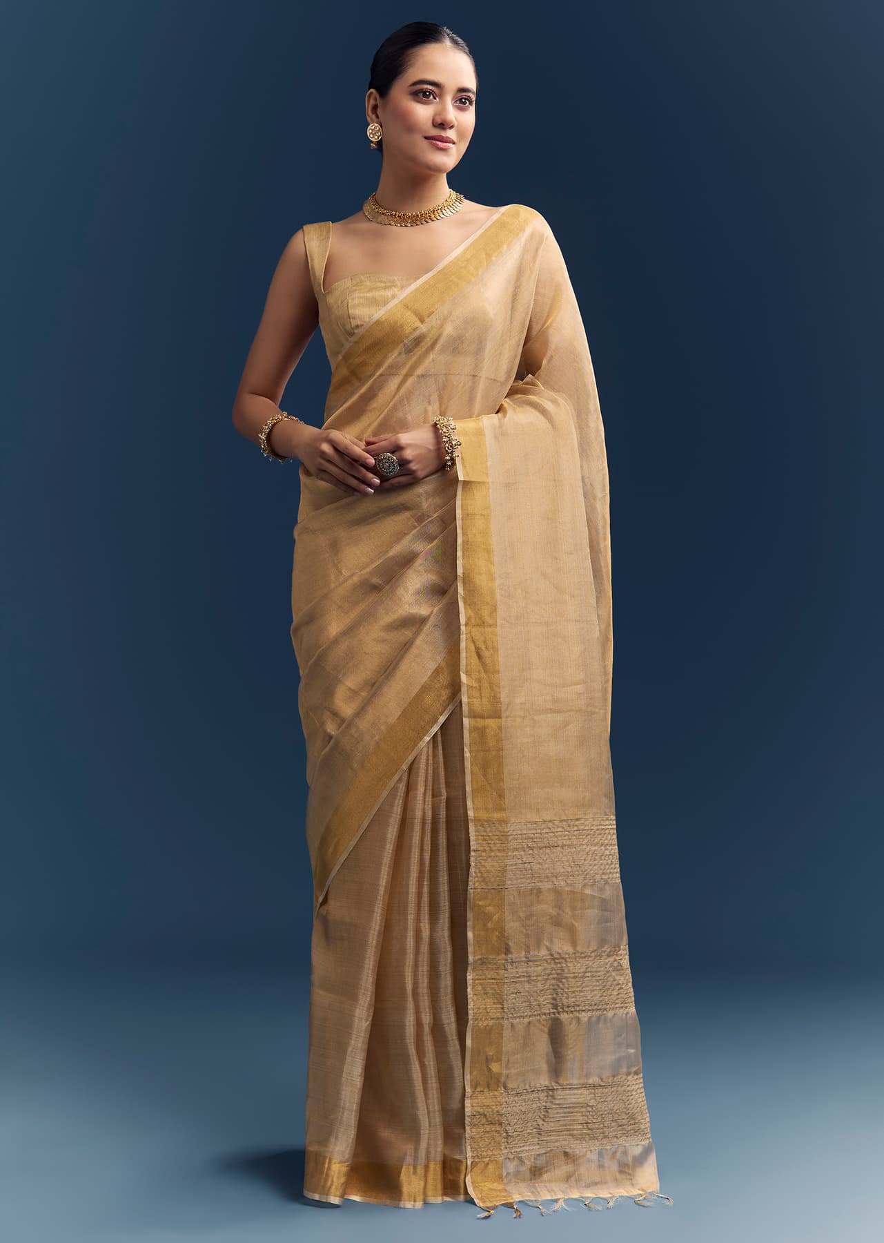 Women's Casual Gold Tissue Organza Woven Saree With Golden Zari Work