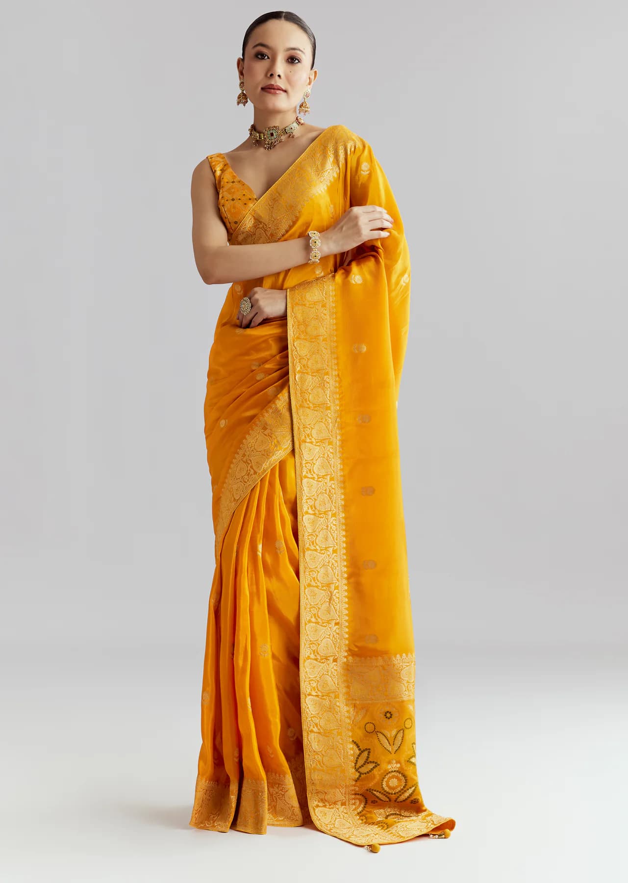 Women's Festive Mustard Yellow Silk Woven Saree With Floral Motif Embroidery