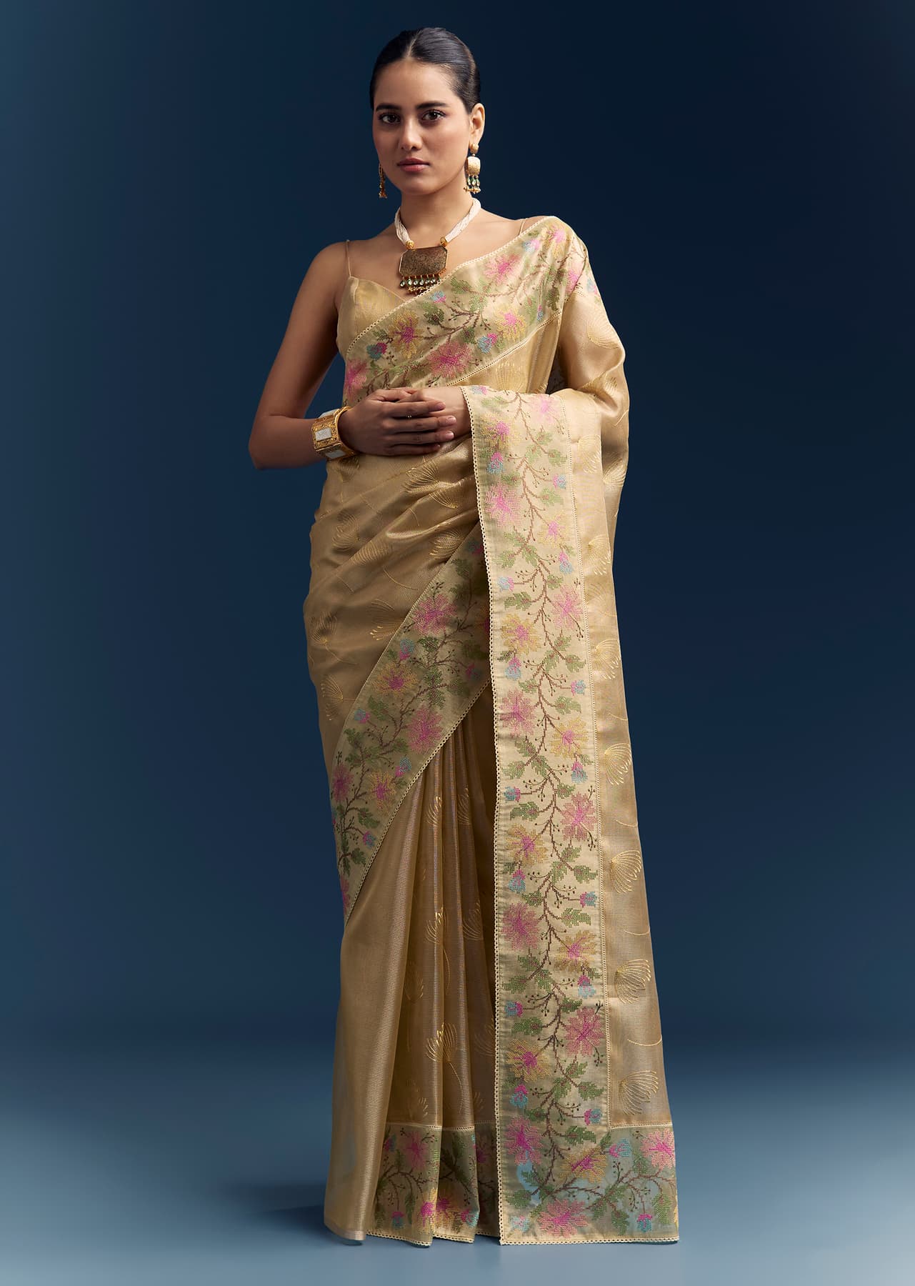 Women's Casual Mustard Yellow Tissue Silk Saree With Floral Resham Embroidery