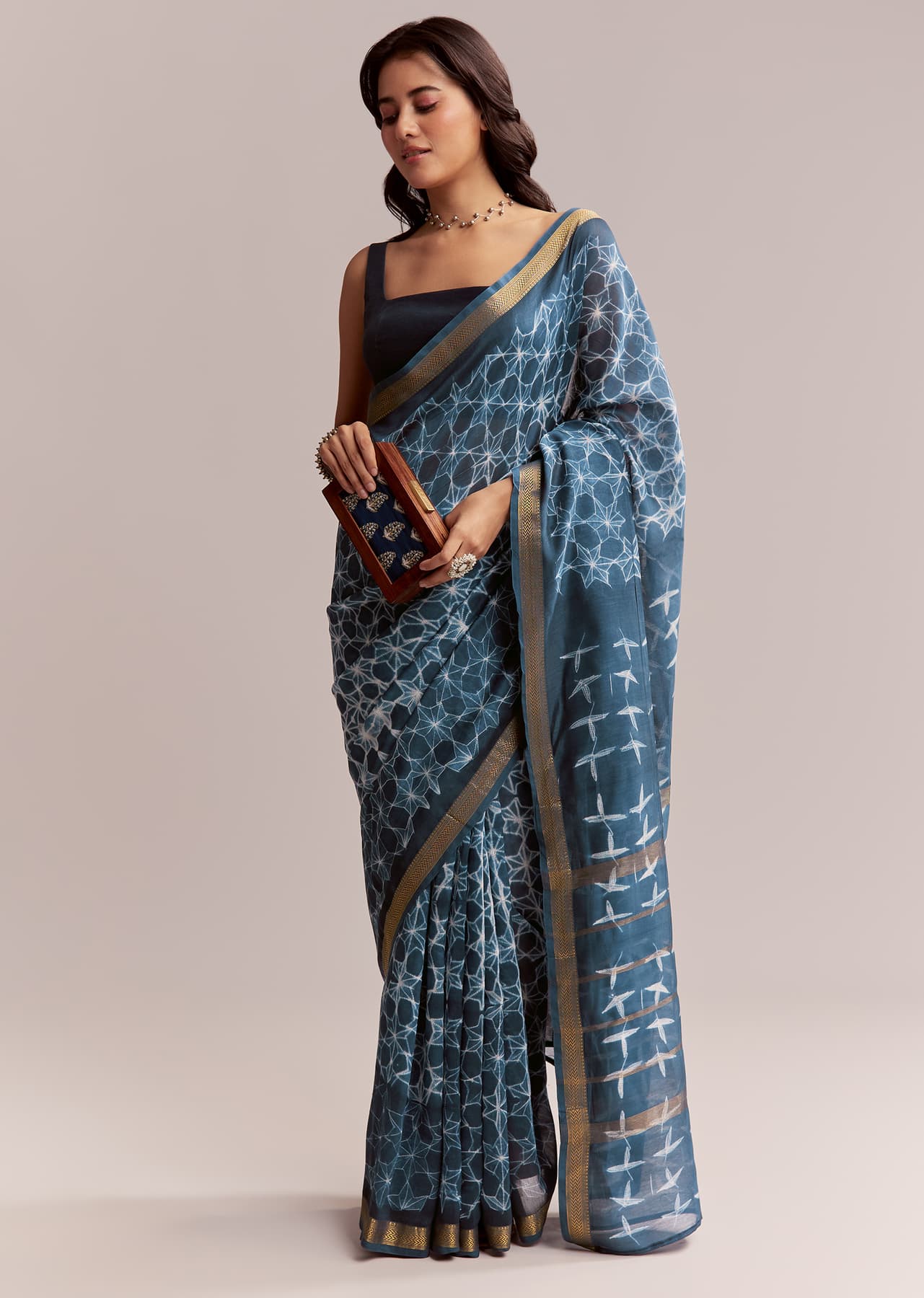 Women's Casual Blue Linen Printed Saree With Hand Dyed Shibori Print