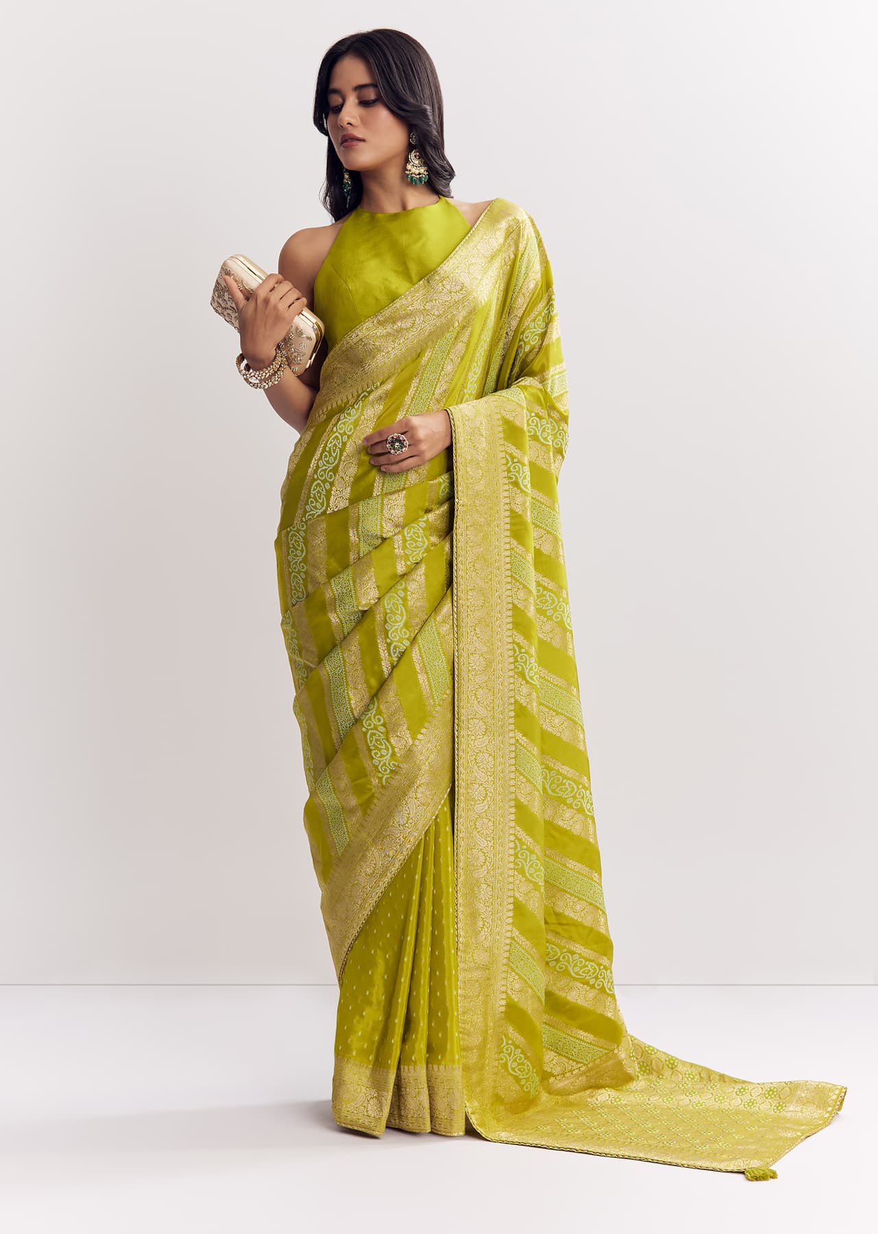 Women's Festive Green Satin Saree With Zari Vine Design