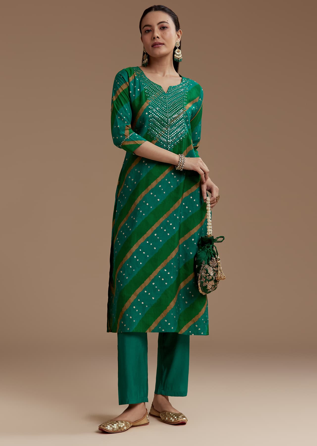 Women's Casual Green Cotton Silk Kurta Set with Foil Mirrors