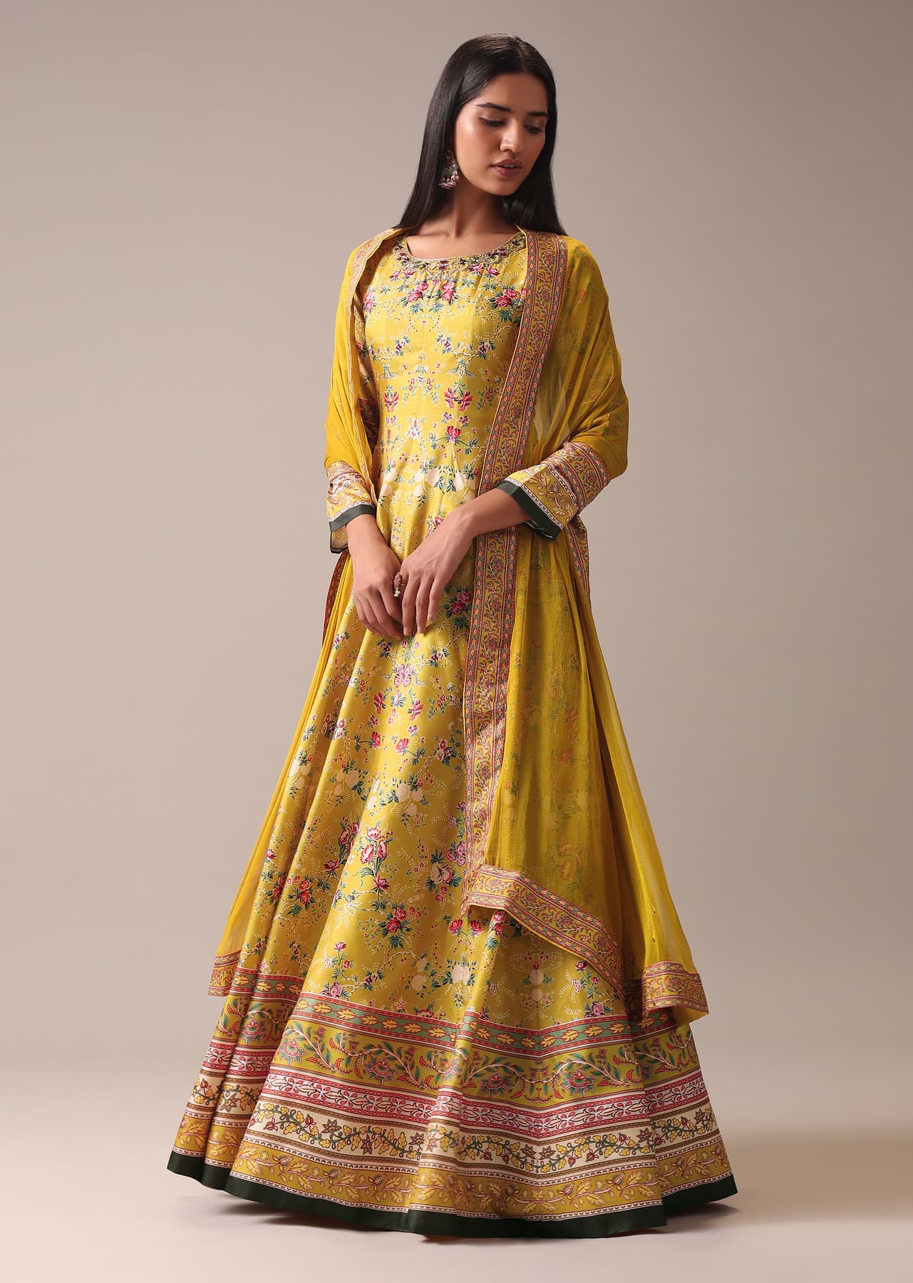 Women's Party Yellow Floral Printed Anarkali Suit Set In Silk