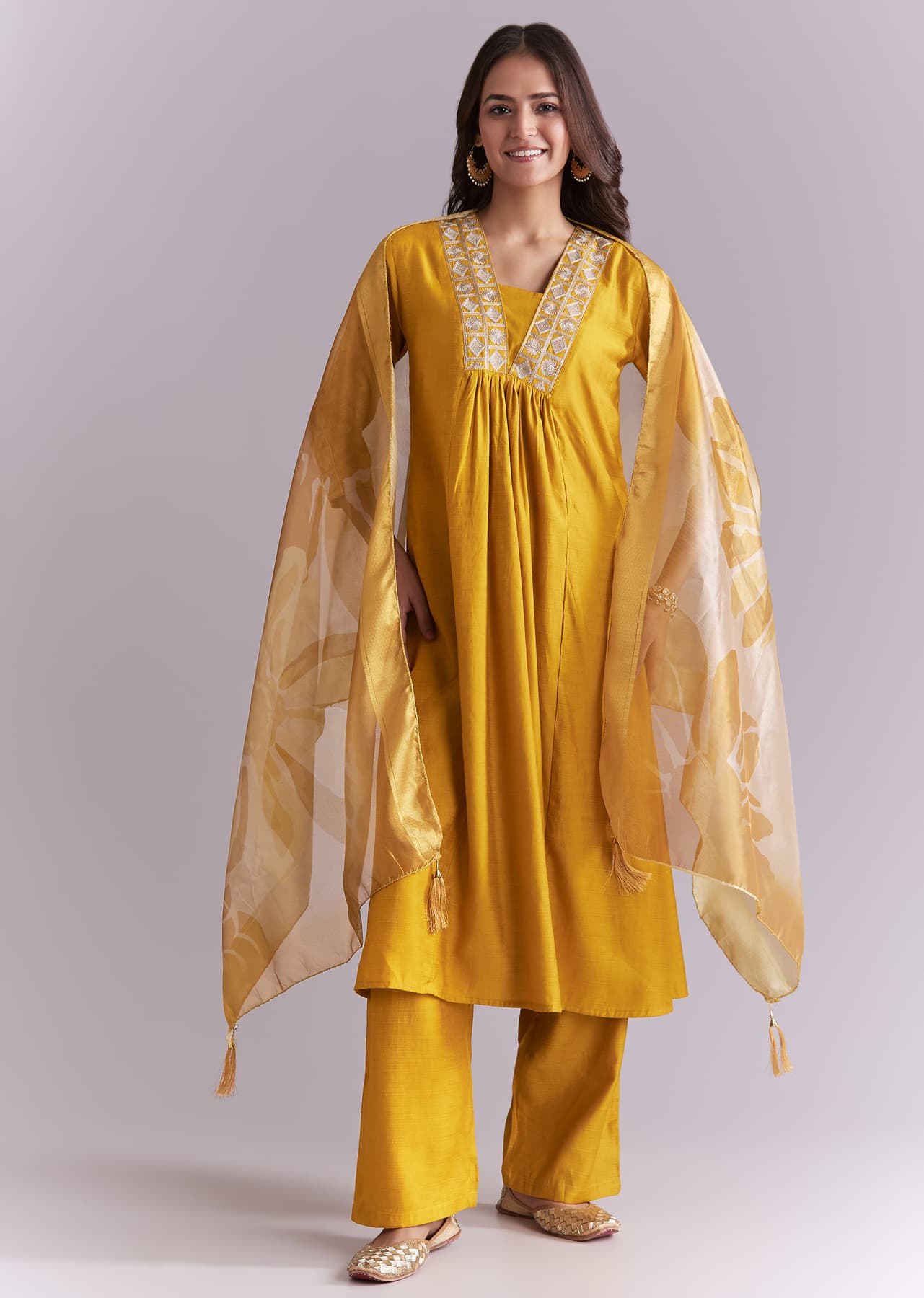 Women's Festive Mustard Yellow Silk Anarkali Suit With Zari Work And Floral Print Dupatta