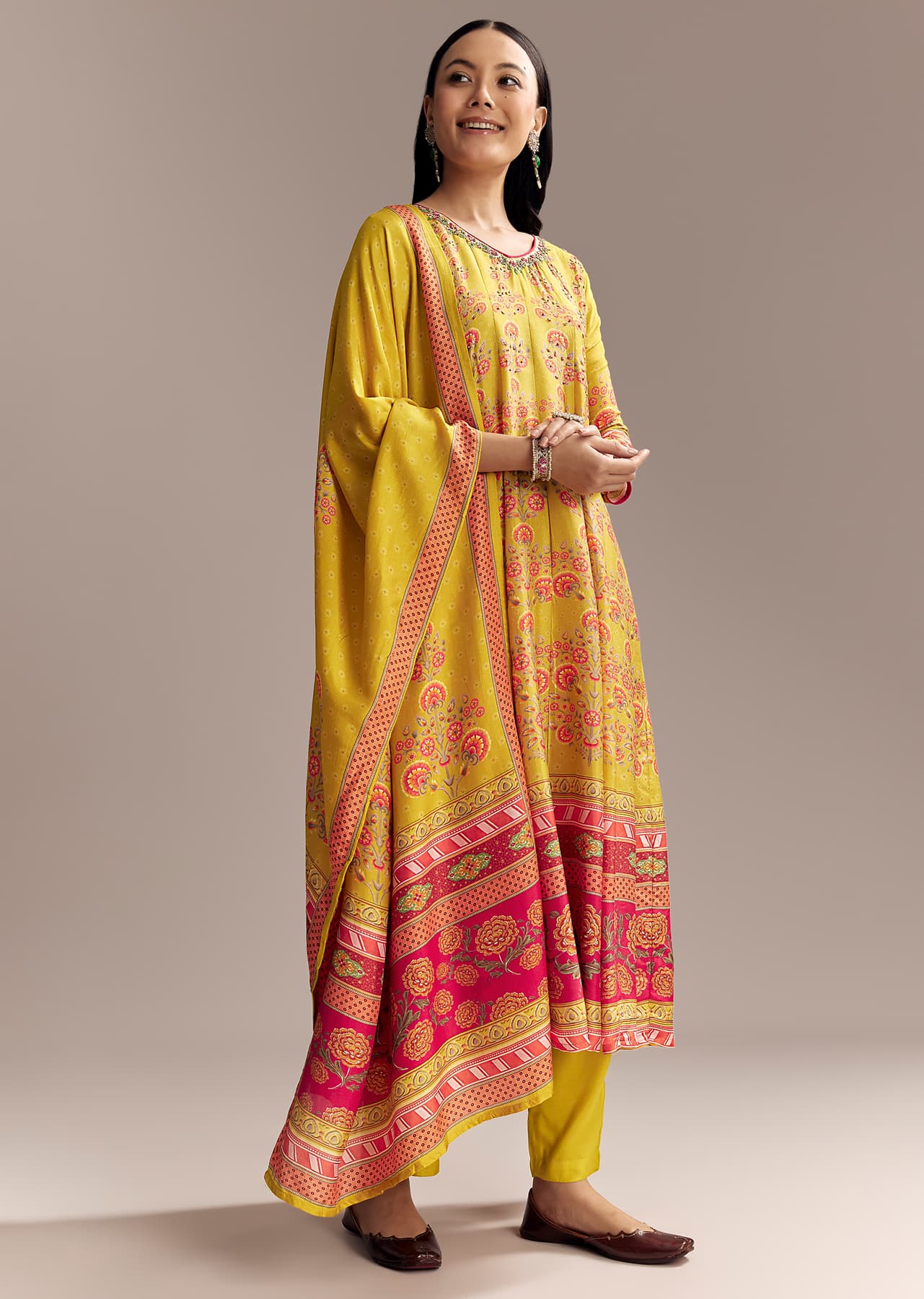 Women's Casual Yellow Silk Anarkali Suit With Multicolour Print