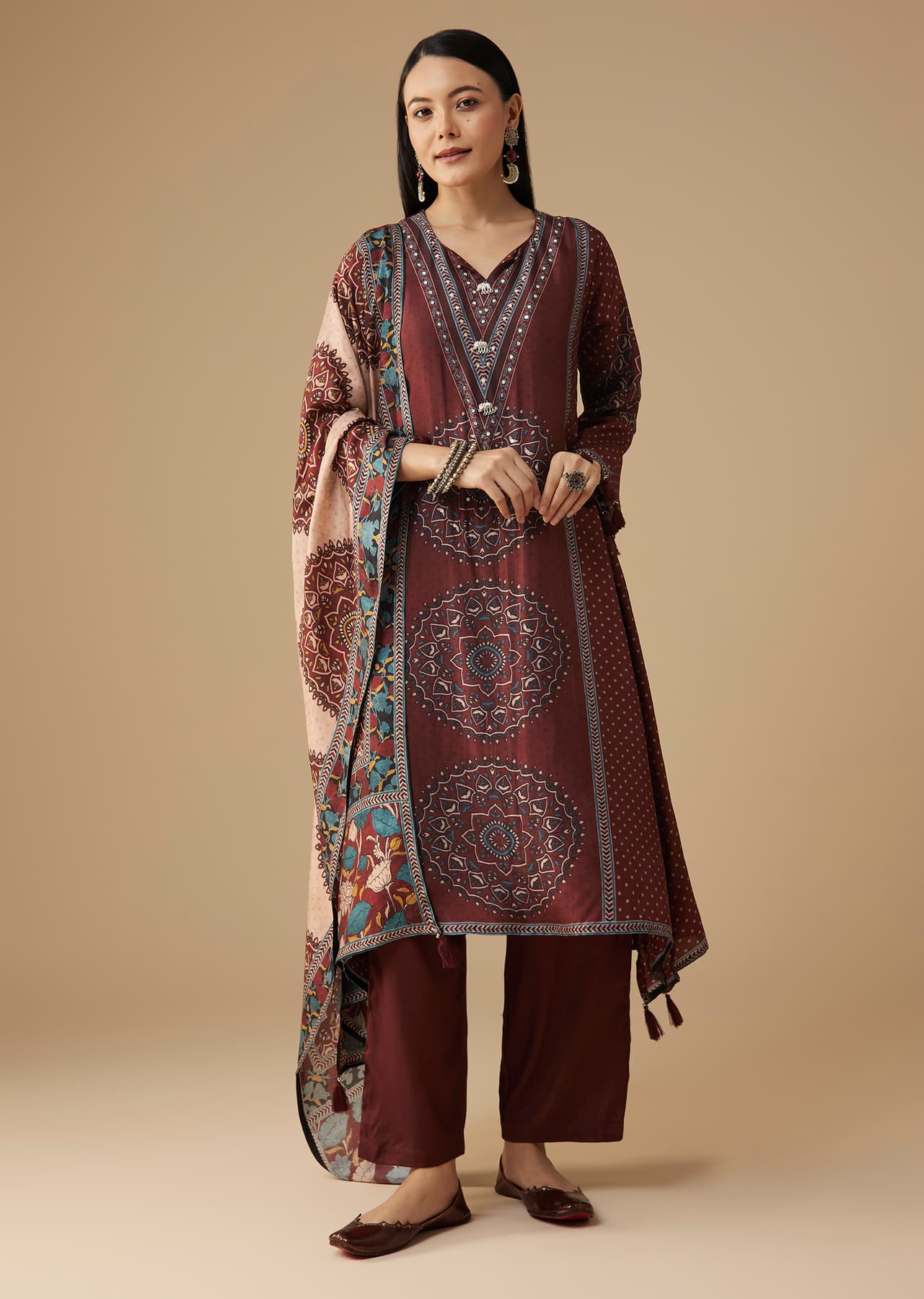 Women's Casual Maroon Printed Silk Kurta Pant Set