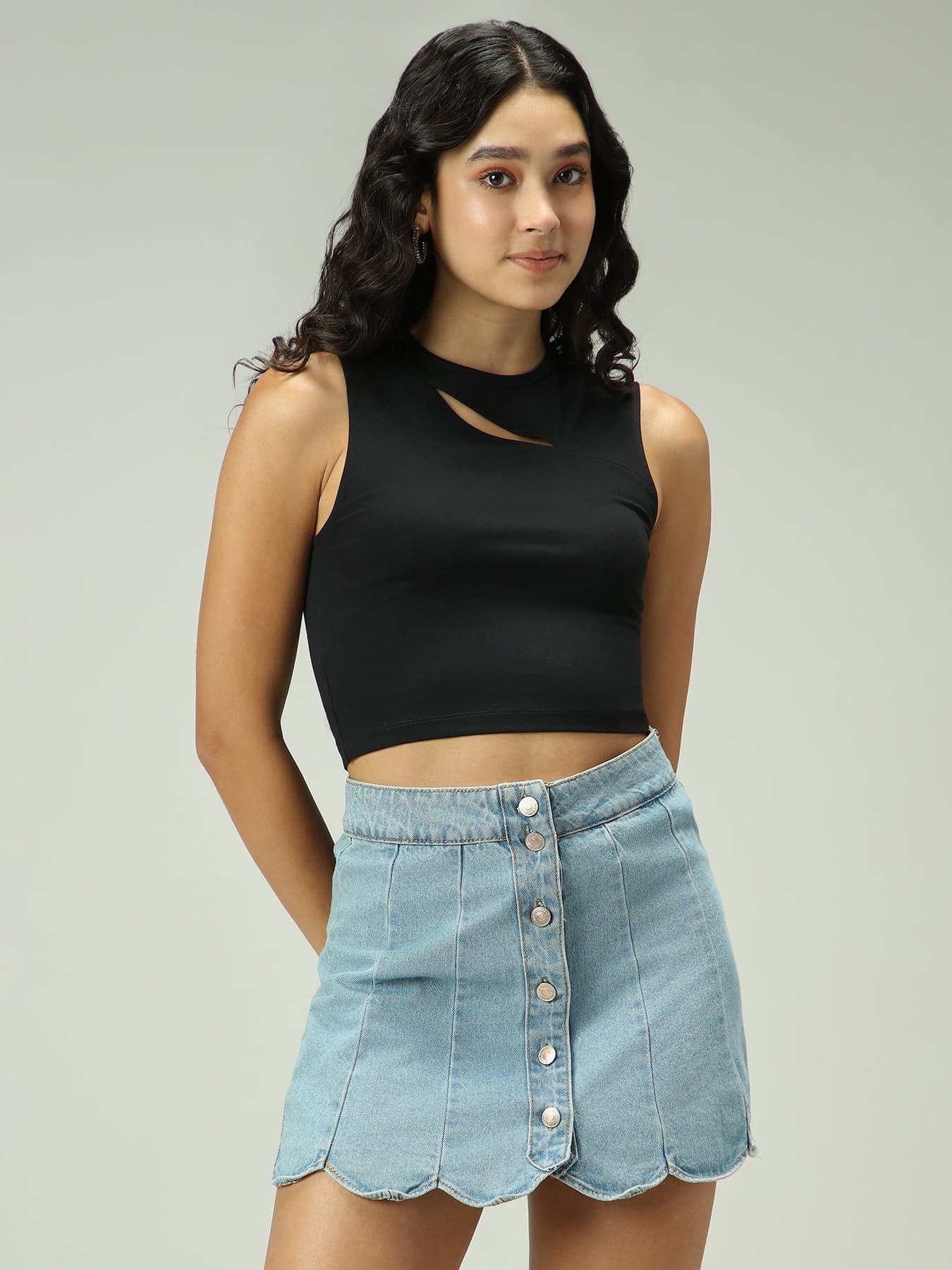 Women's Black Solid Top with a Slit