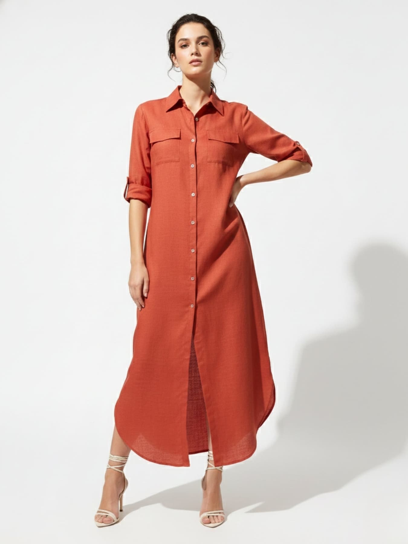 Women's Orange Long Shirt Dress
