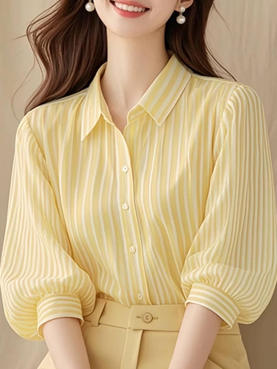 Women's Yellow Striped Shirt with Balloon Sleeves