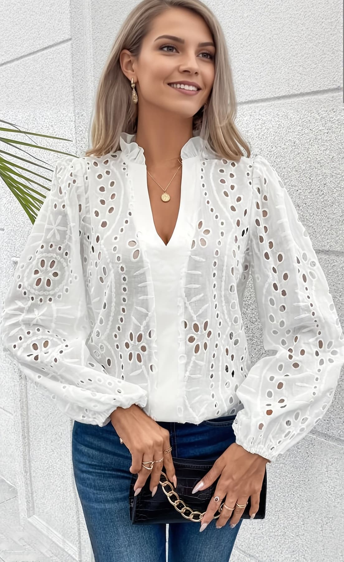 Women's White Schiffli Embroidered Blouse