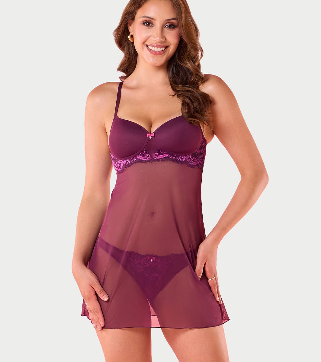 Women's Purple Padded Wire-Free Glam Wave Chemise Babydoll Dress