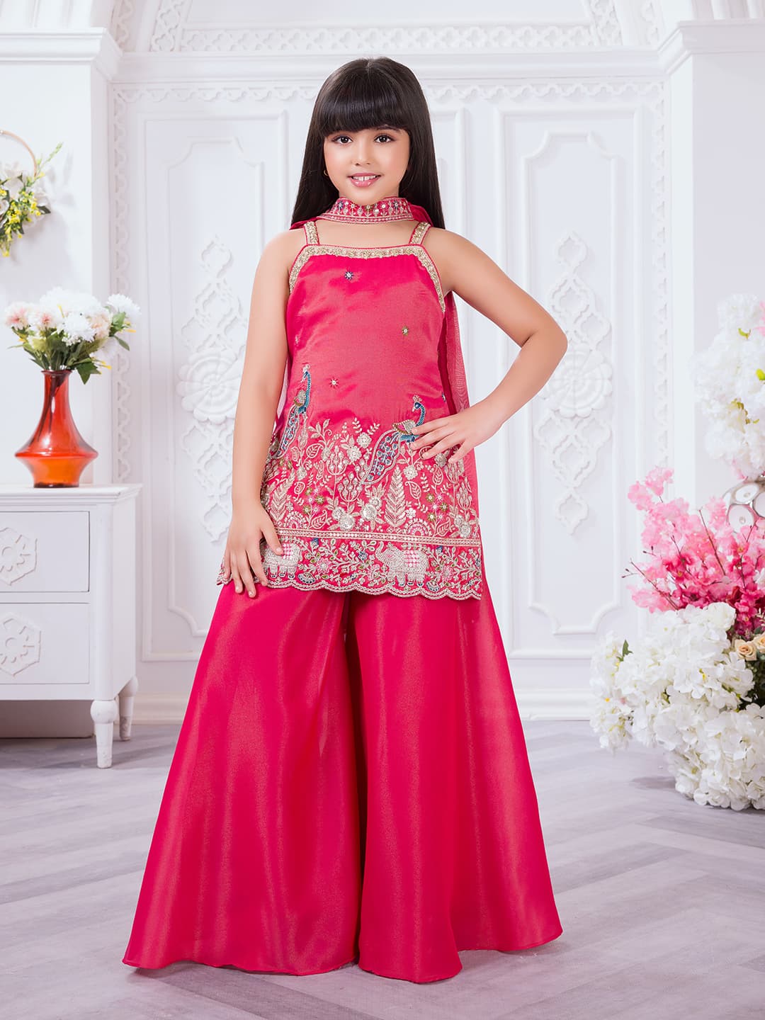 Girls Pink Colored Ethnic Floral Palazzo Set