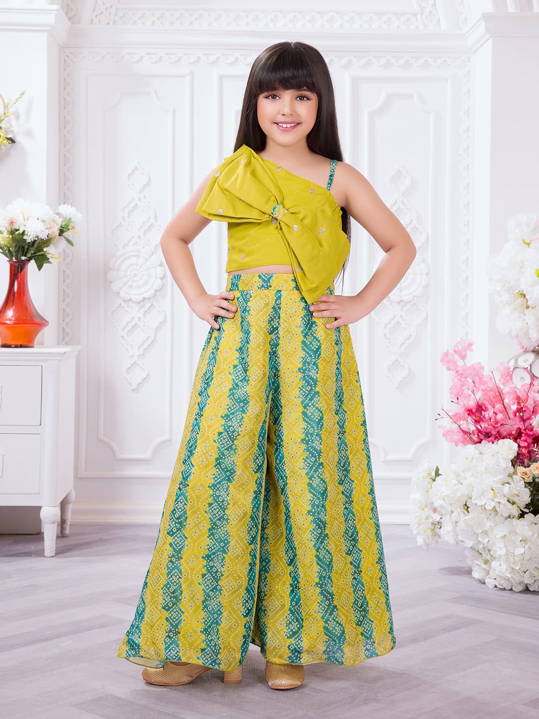 Girls Mustard Colored Ethnic Floral Palazzo Set