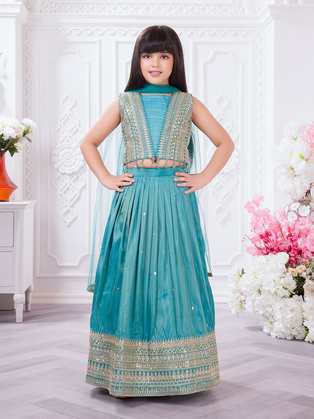 Girls Green Colored Lehenga Choli Set along with Dupatta