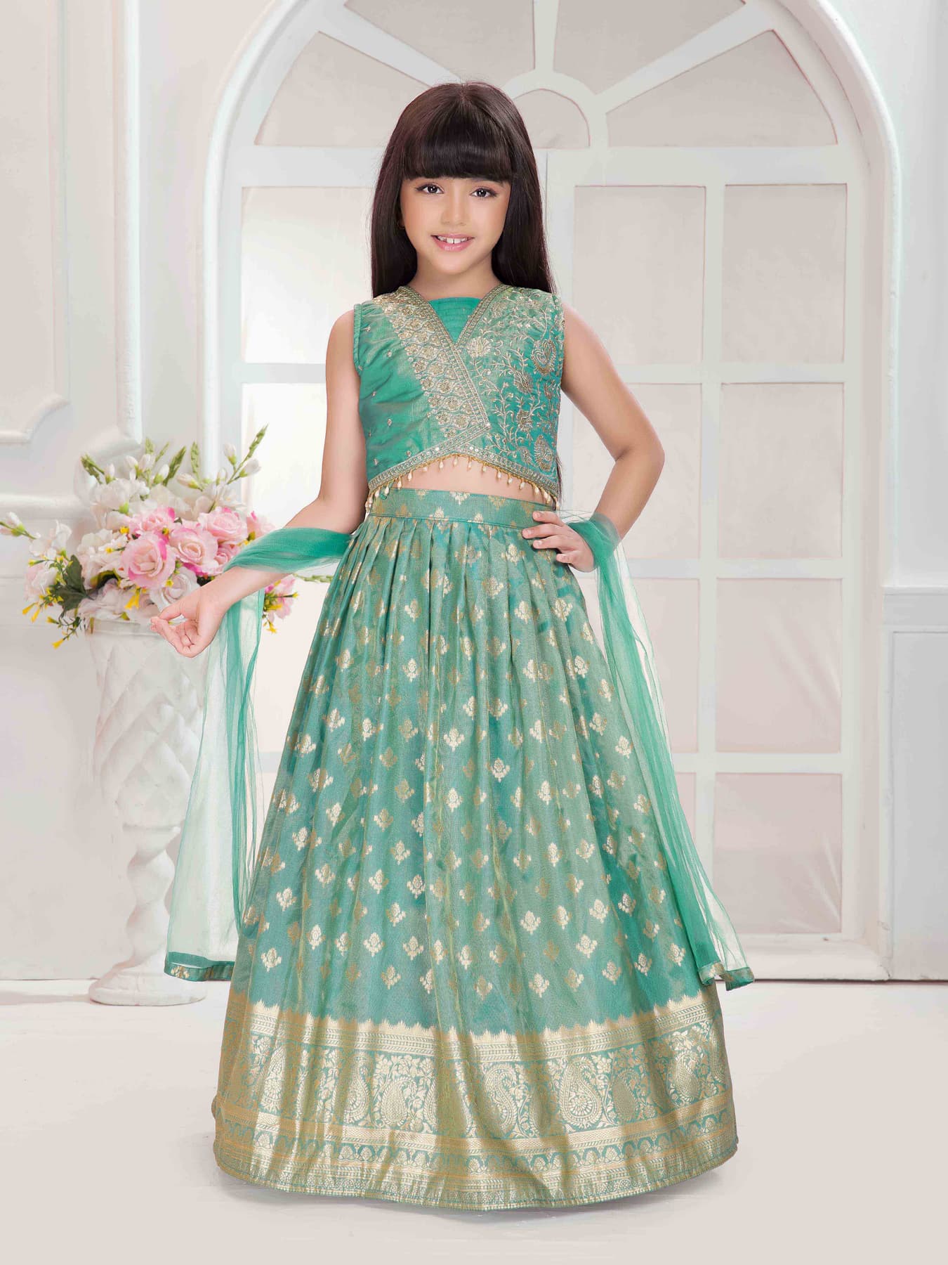 Girls Green Colored Festive Lehenga Choli Set along with Dupatta