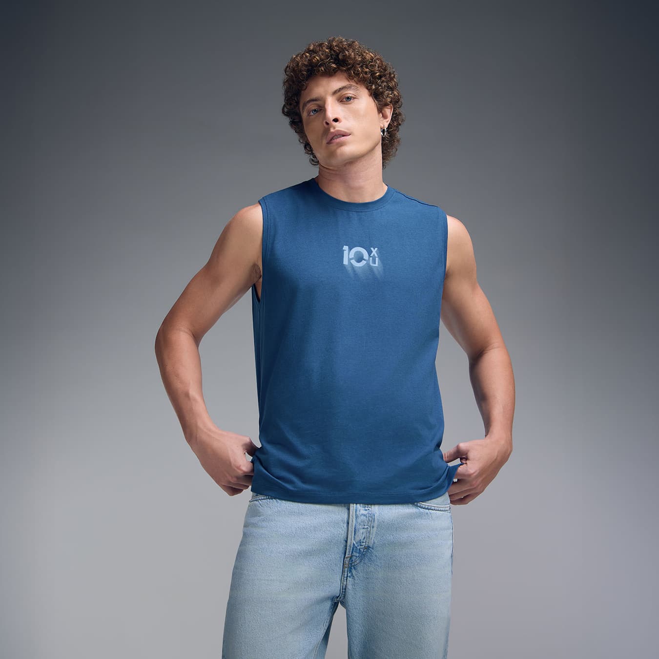 Men's Blue Casual Solid Pull On Round Neck Half Sleeves Tank
