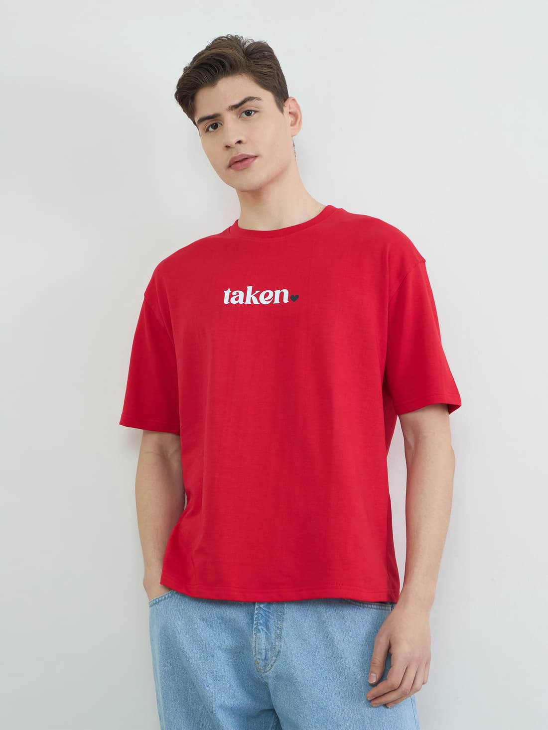 Men's Red Casual Front Text Printed Oversized Fit Terry Tshirt