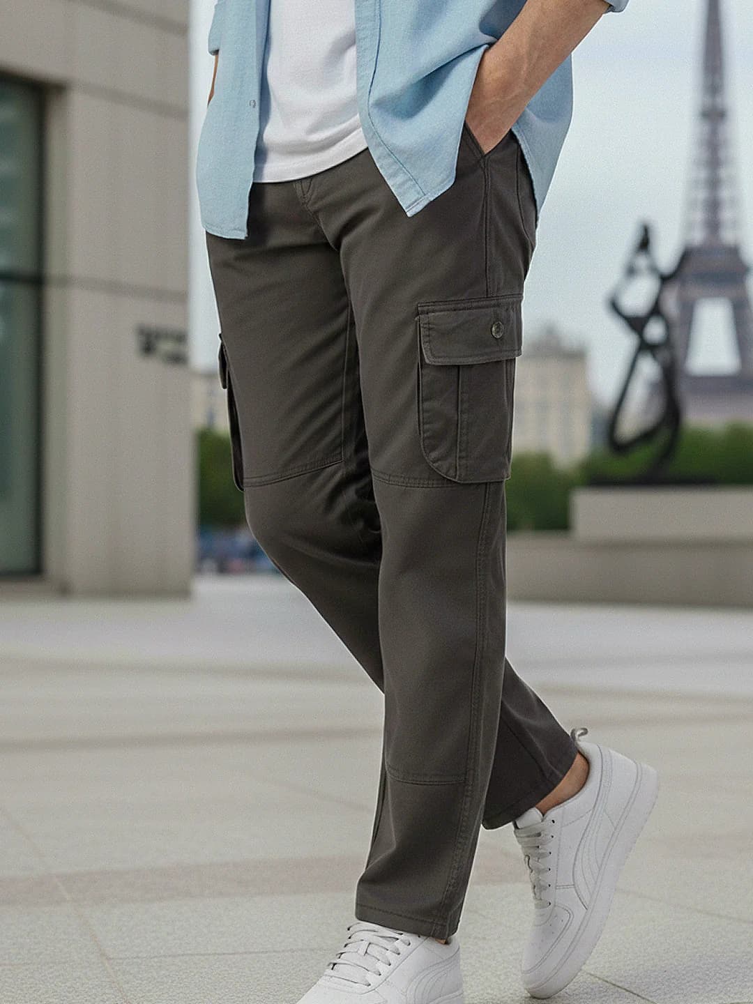 Men's Grey Casual Regular Fit Solid Mid Rise Cargo
