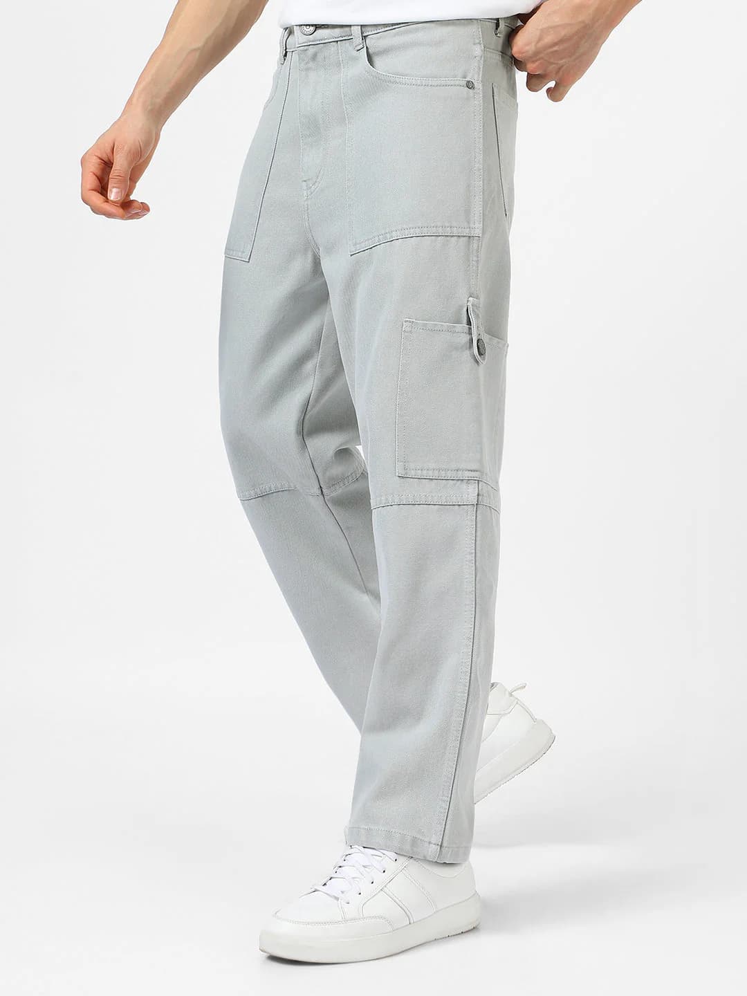 Men's Grey Casual Baggy Fit Solid Mid Rise Jeans