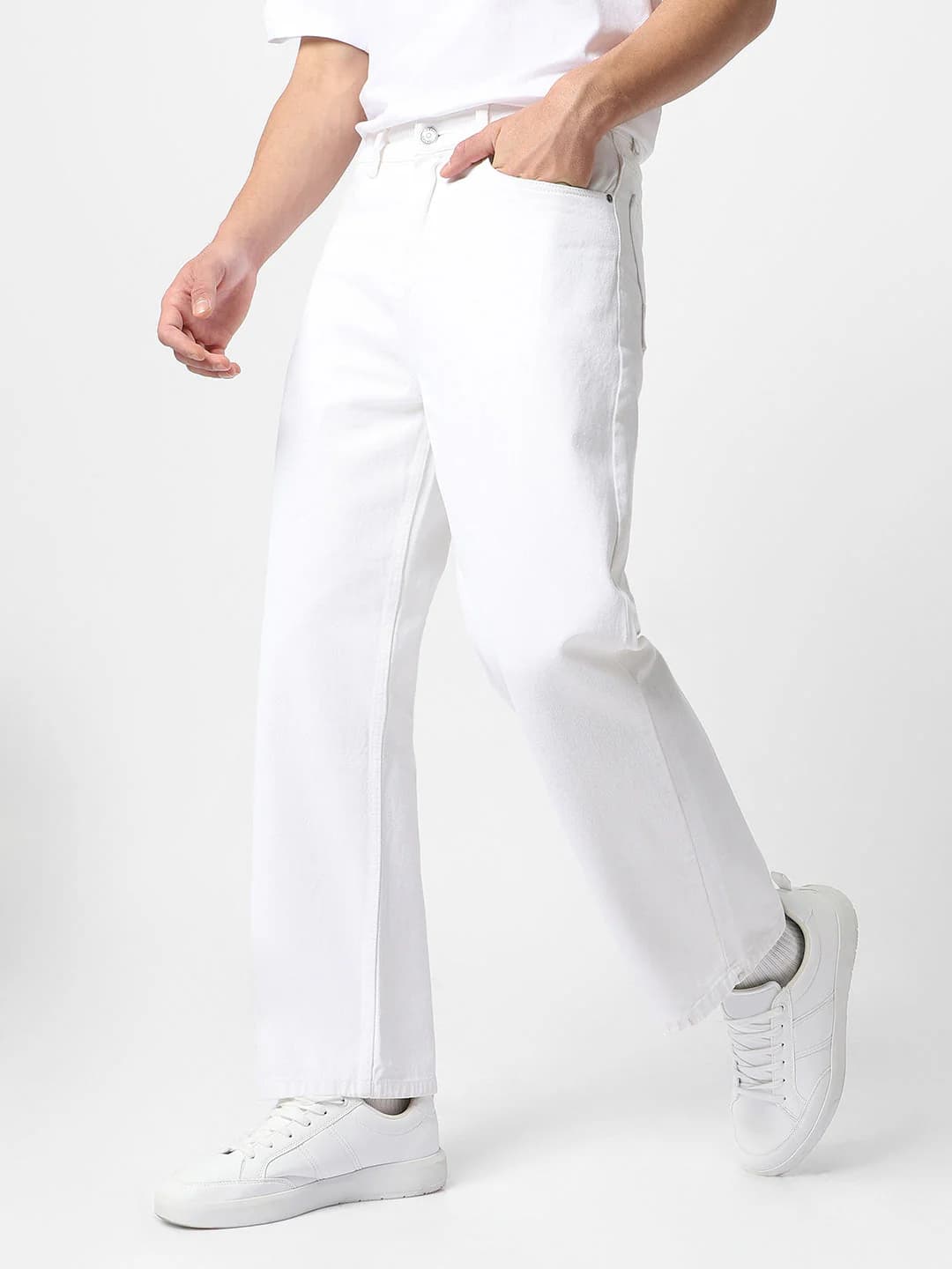 Men's White Casual Baggy Fit Solid Mid Rise Jeans