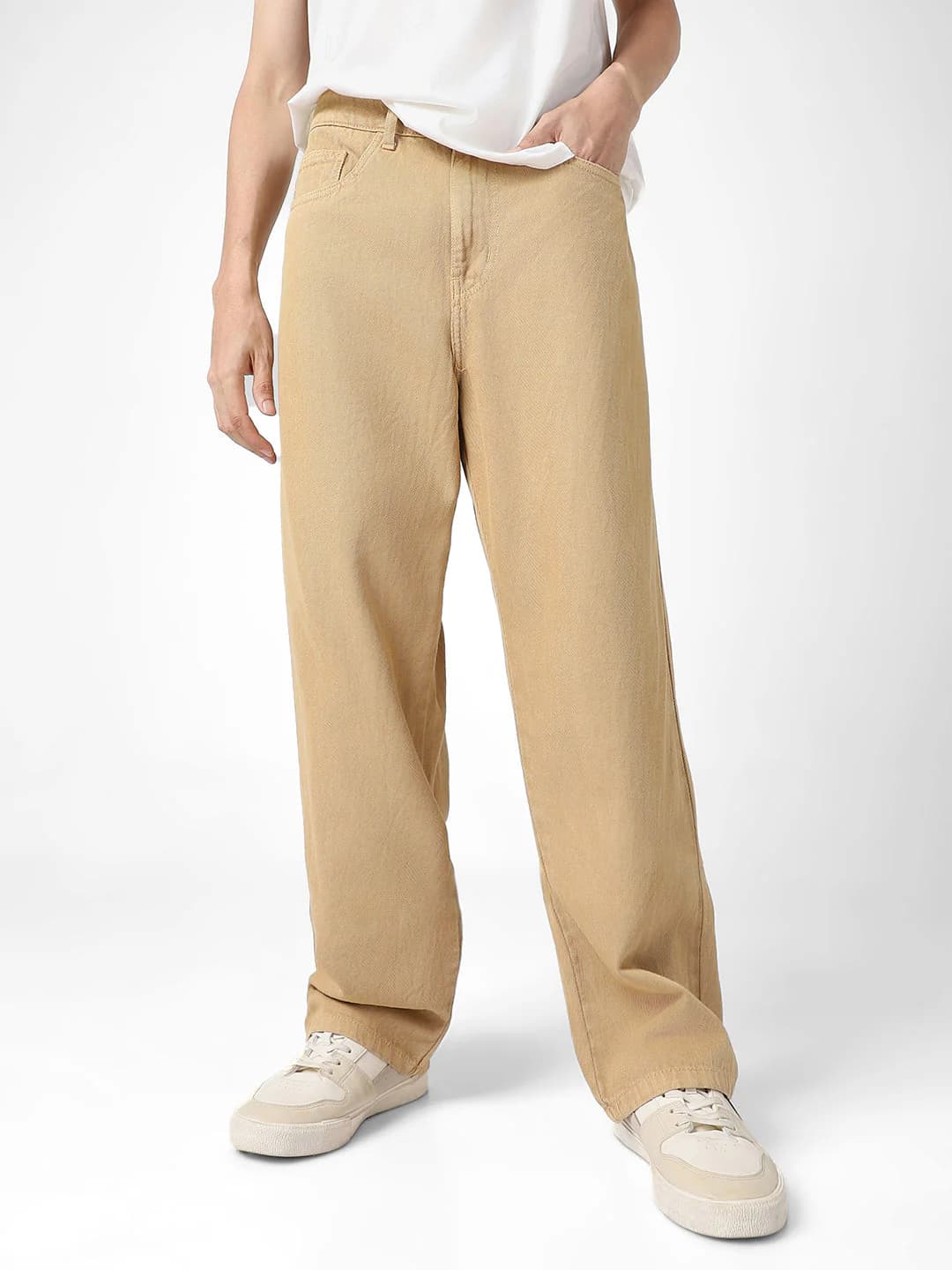 Men's Beige Casual Baggy Fit Solid Mid Rise Jeans
