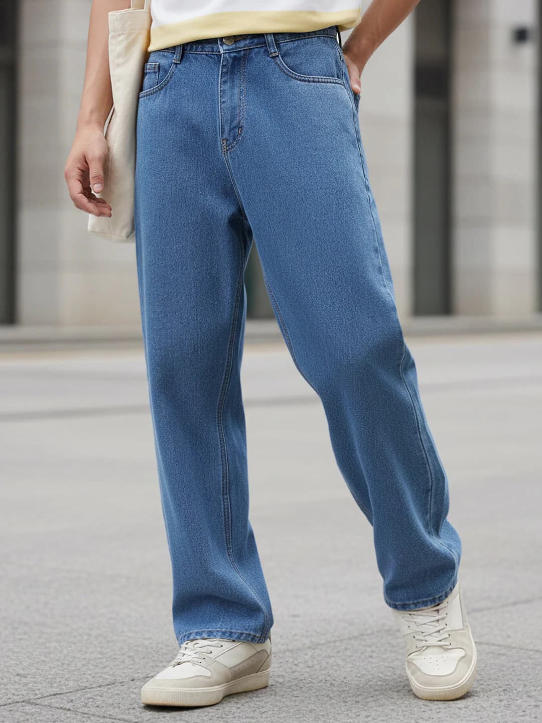 Men's Blue Casual Baggy Fit Solid Mid Rise Jeans
