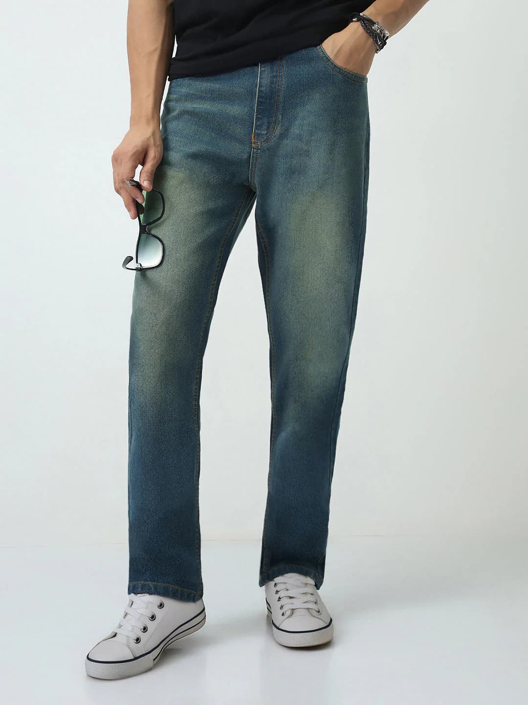 Men's Blue Casual Straight Fit Solid Mid Rise Jeans