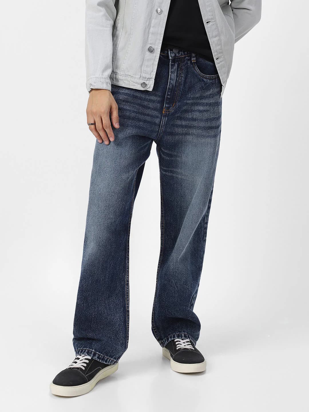 Men's Blue Casual Baggy Fit Solid Mid Rise Jeans