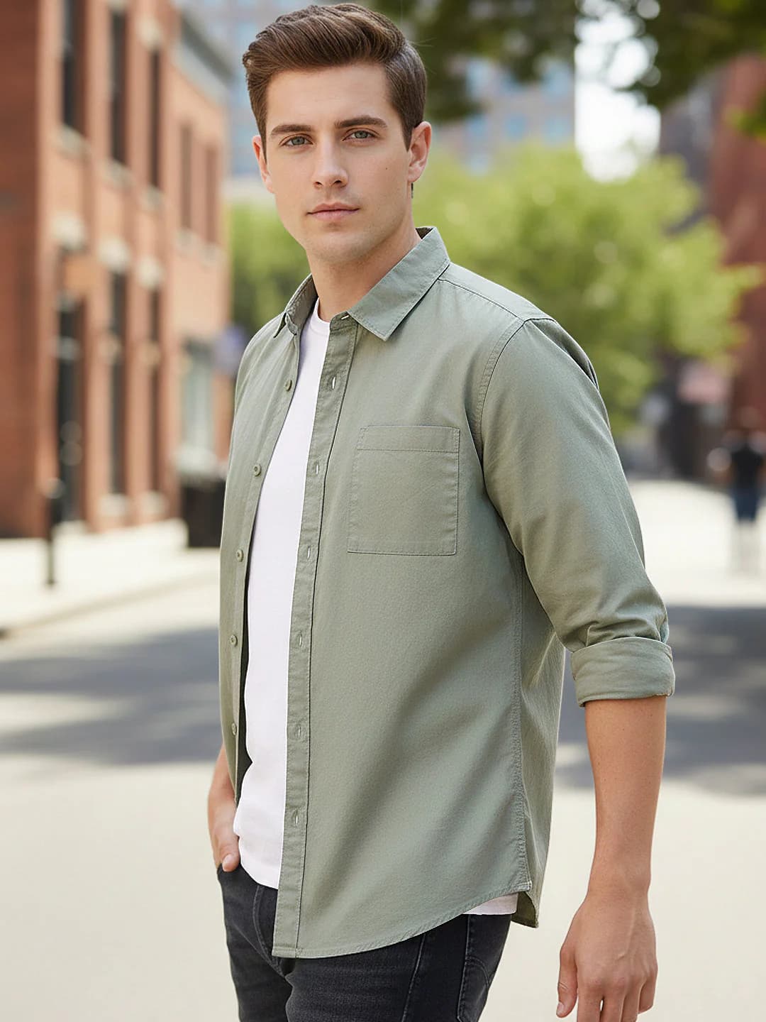 Men's Green Full Sleeves Regular Fit Casual Solid Cotton Shirt