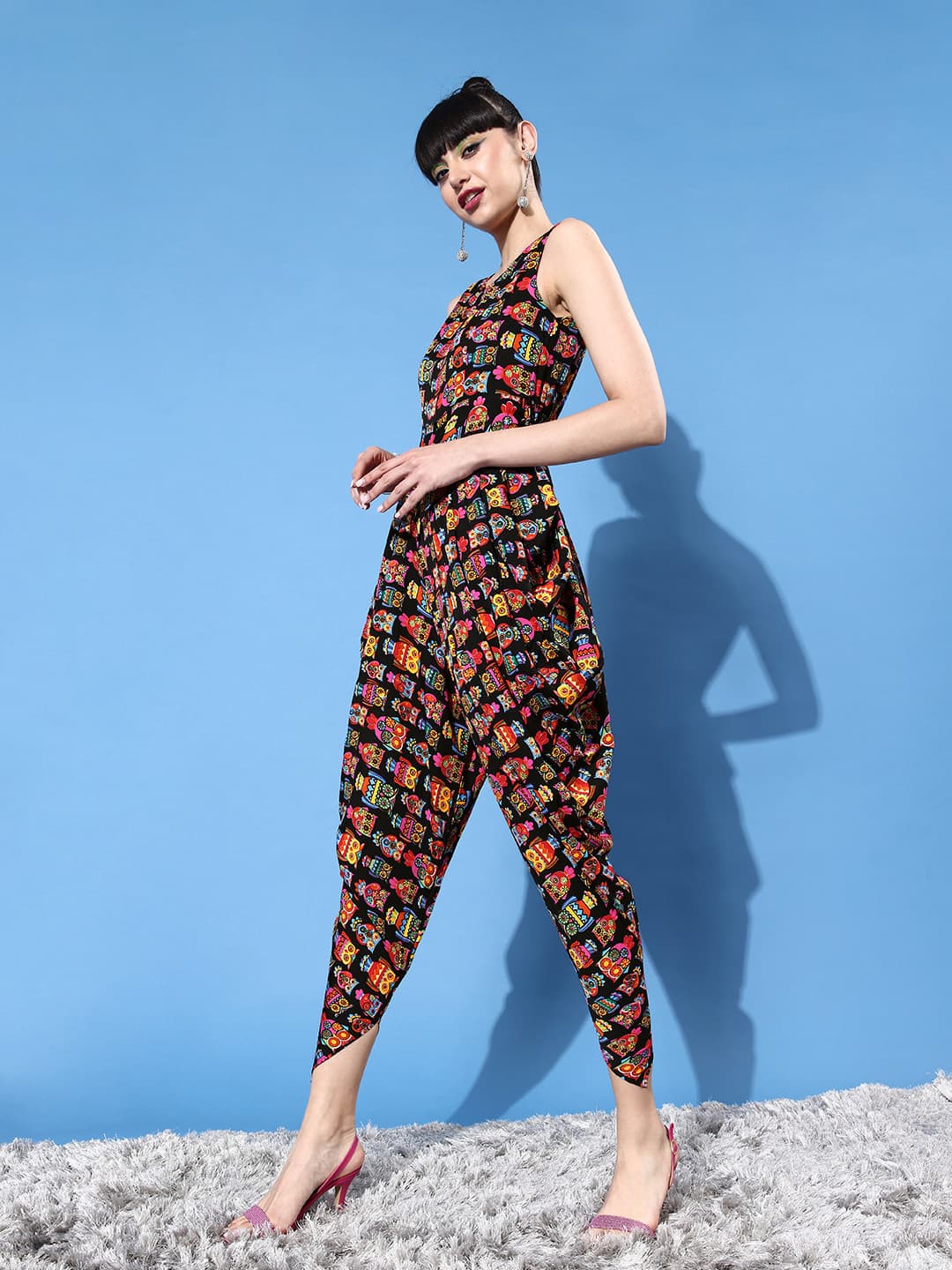 Women's Black Casual Printed Dhoti Jumpsuit