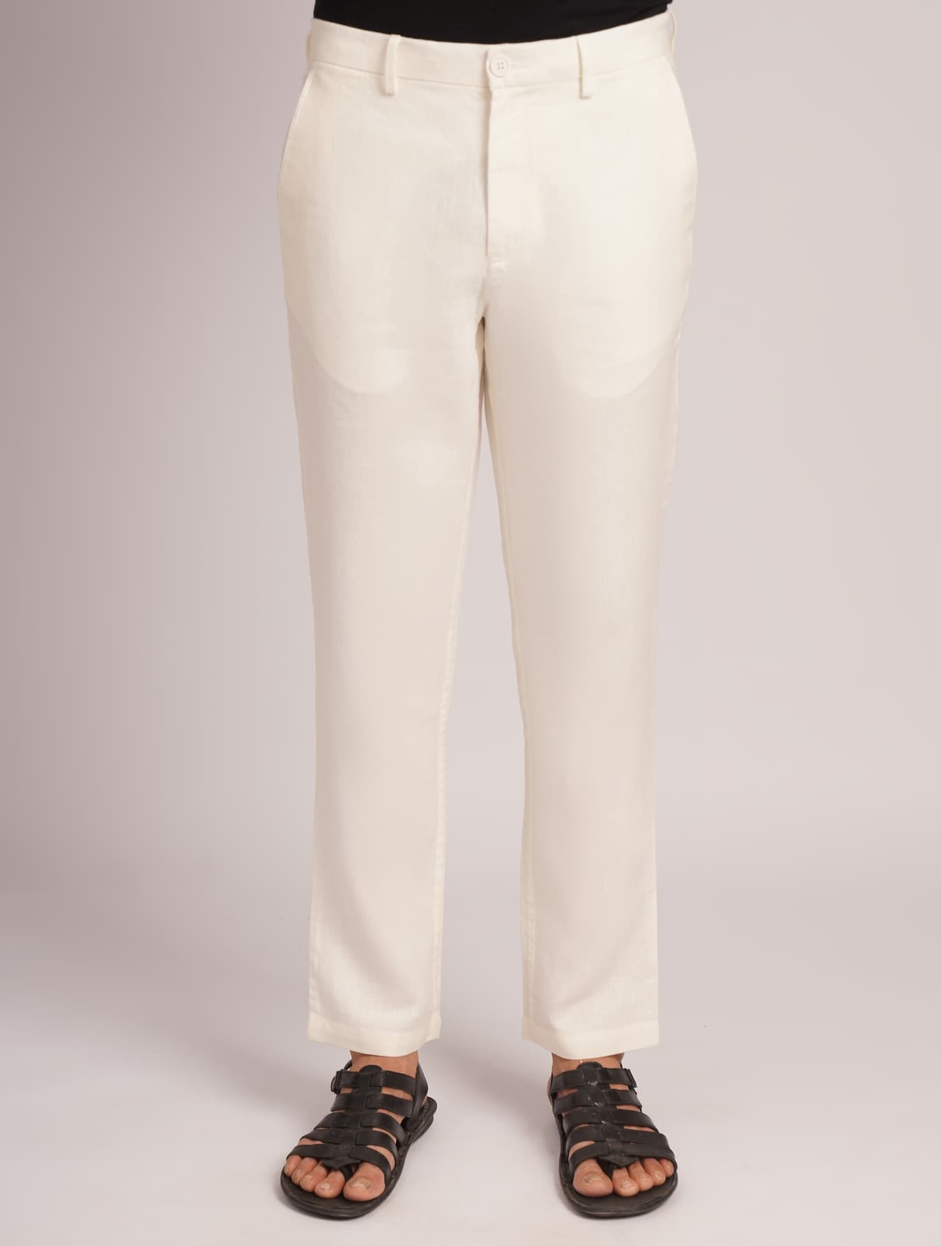Men's Cream Casual Regular Fit Solid Trouser