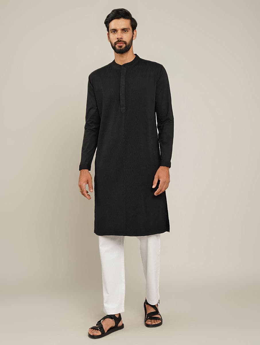 Men's Black Cotton Mandarin Collar Regular Fit Kurta