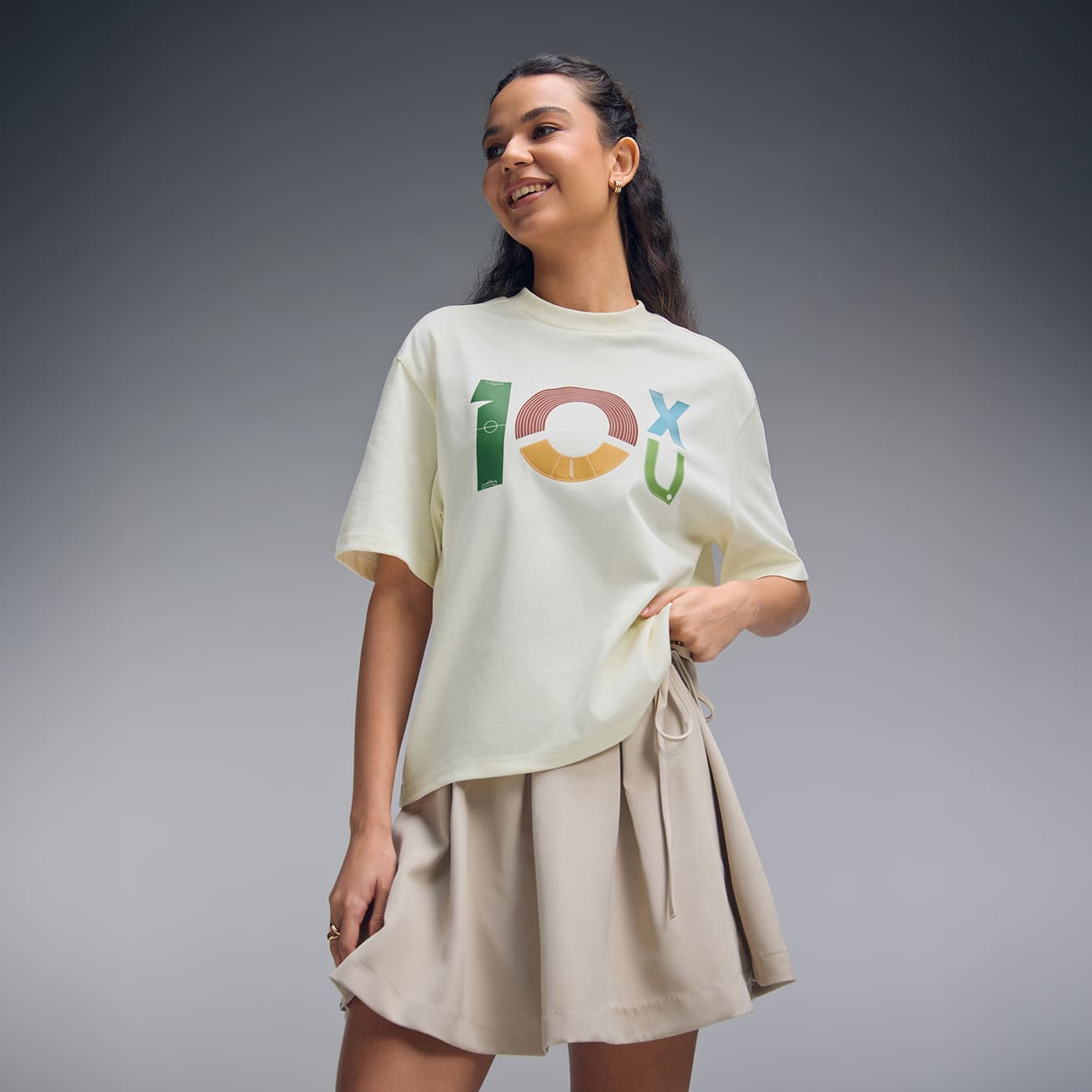 Women's Beige Casual Oversized Fit Solid Half Sleeves Tshirt