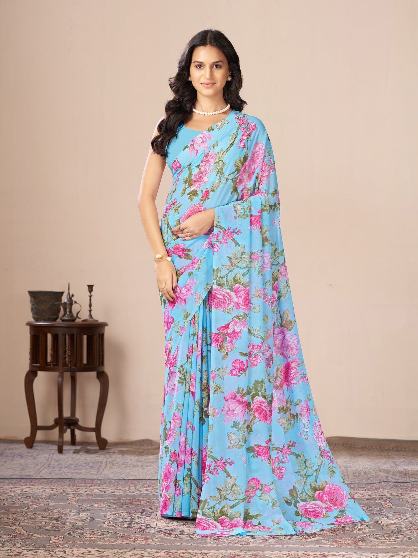 Women's Blue Festive Floral Saree