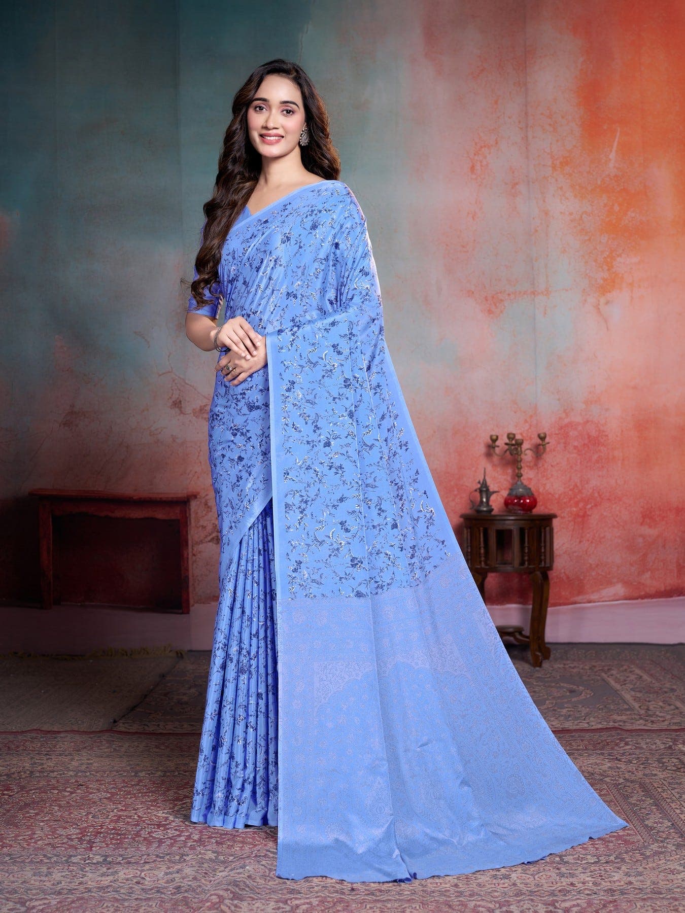 Women's Blue Festive Floral Saree