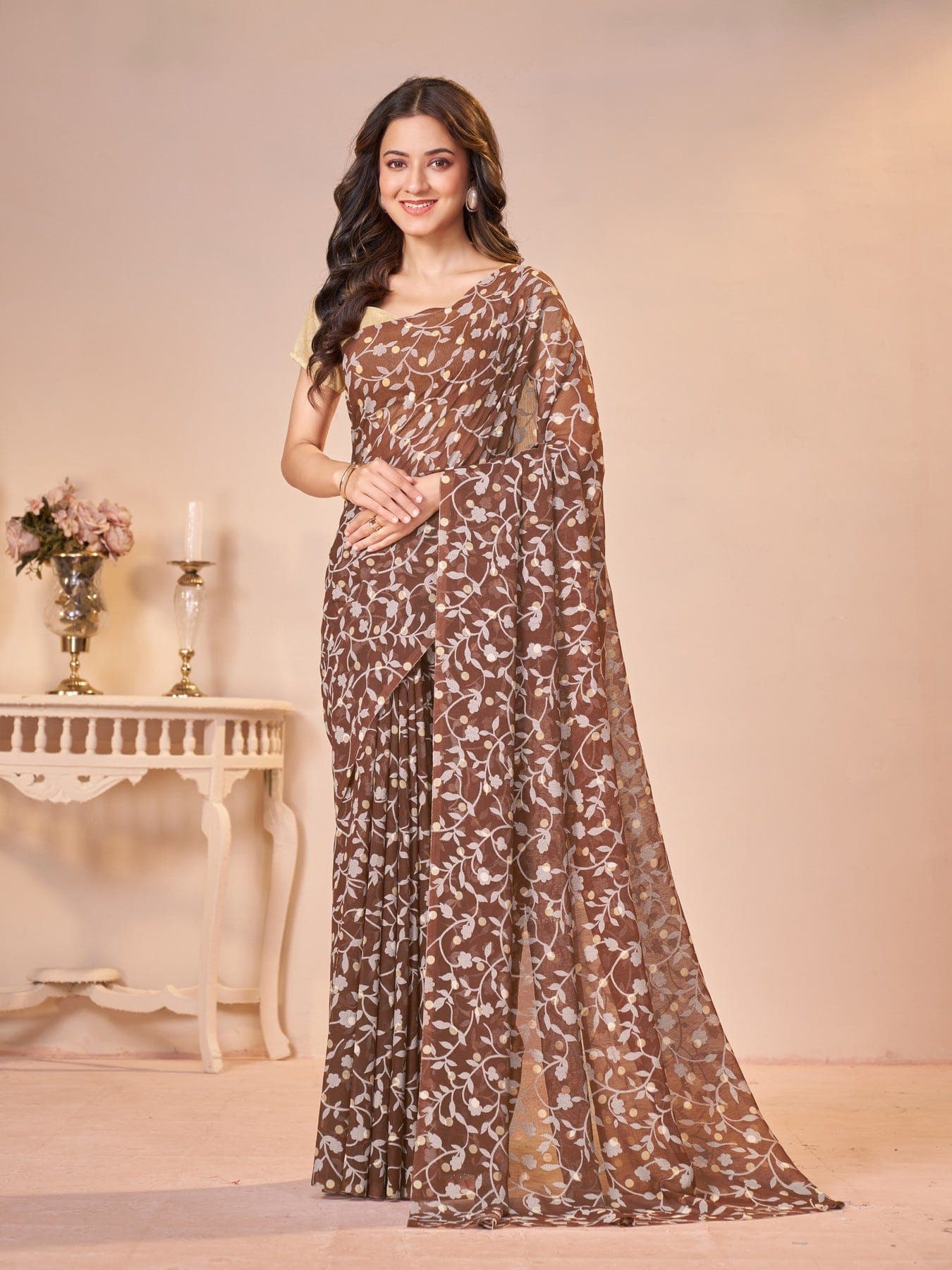 Women's Brown Festive Floral Saree