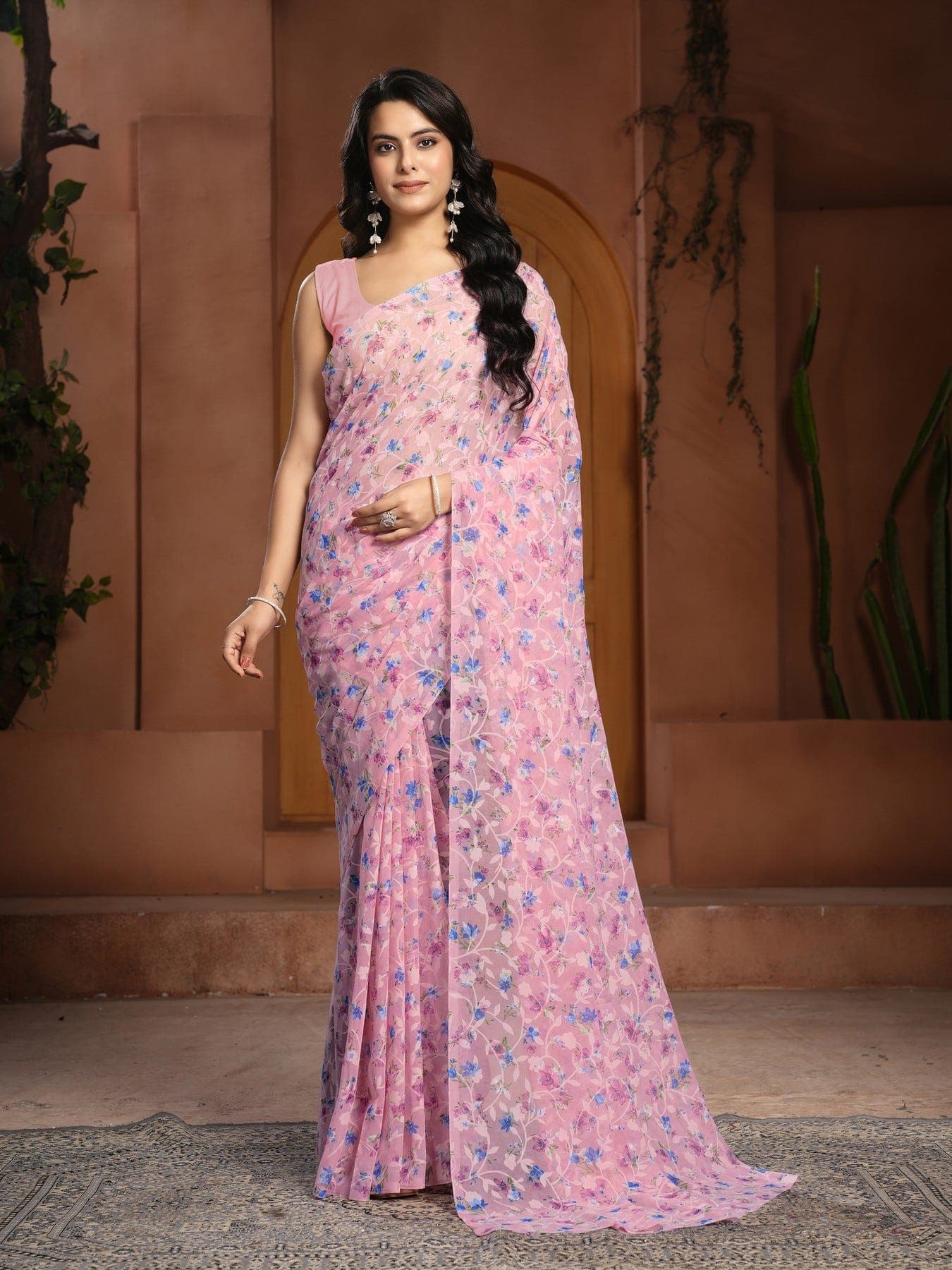 Women's Pink Festive Floral Saree