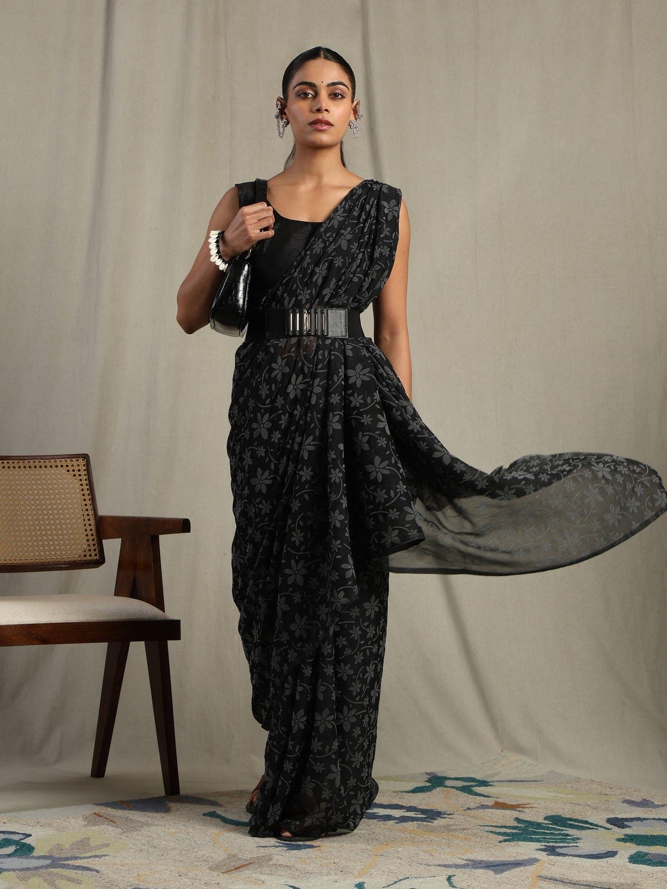 Women's Black Festive Floral Saree